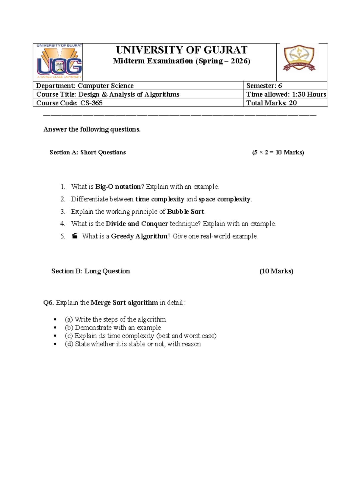 UOG CS-6 Midterm Exam: Design Analysis of Algorithms (Spring 2026 ...