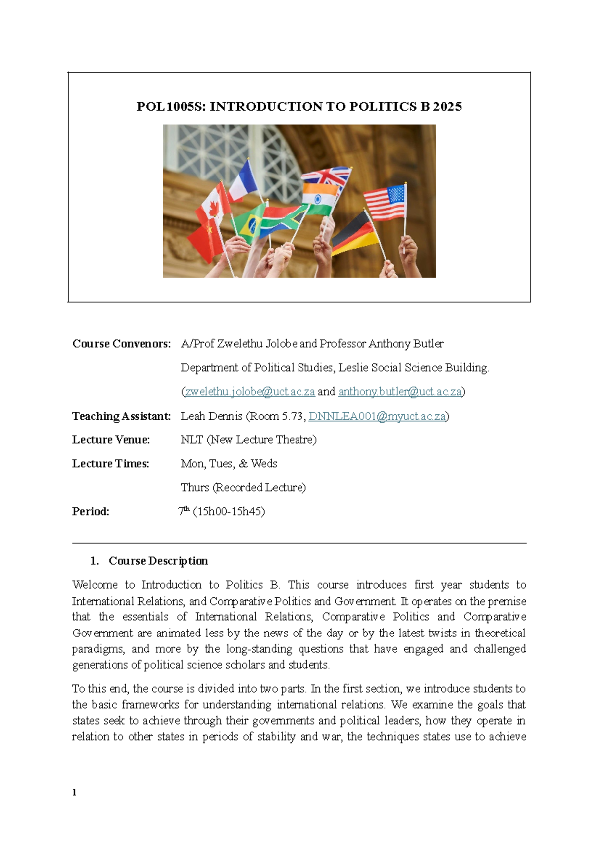 POL1005S: Intro to Politics B Course Outline & Schedule 2025 - Studocu