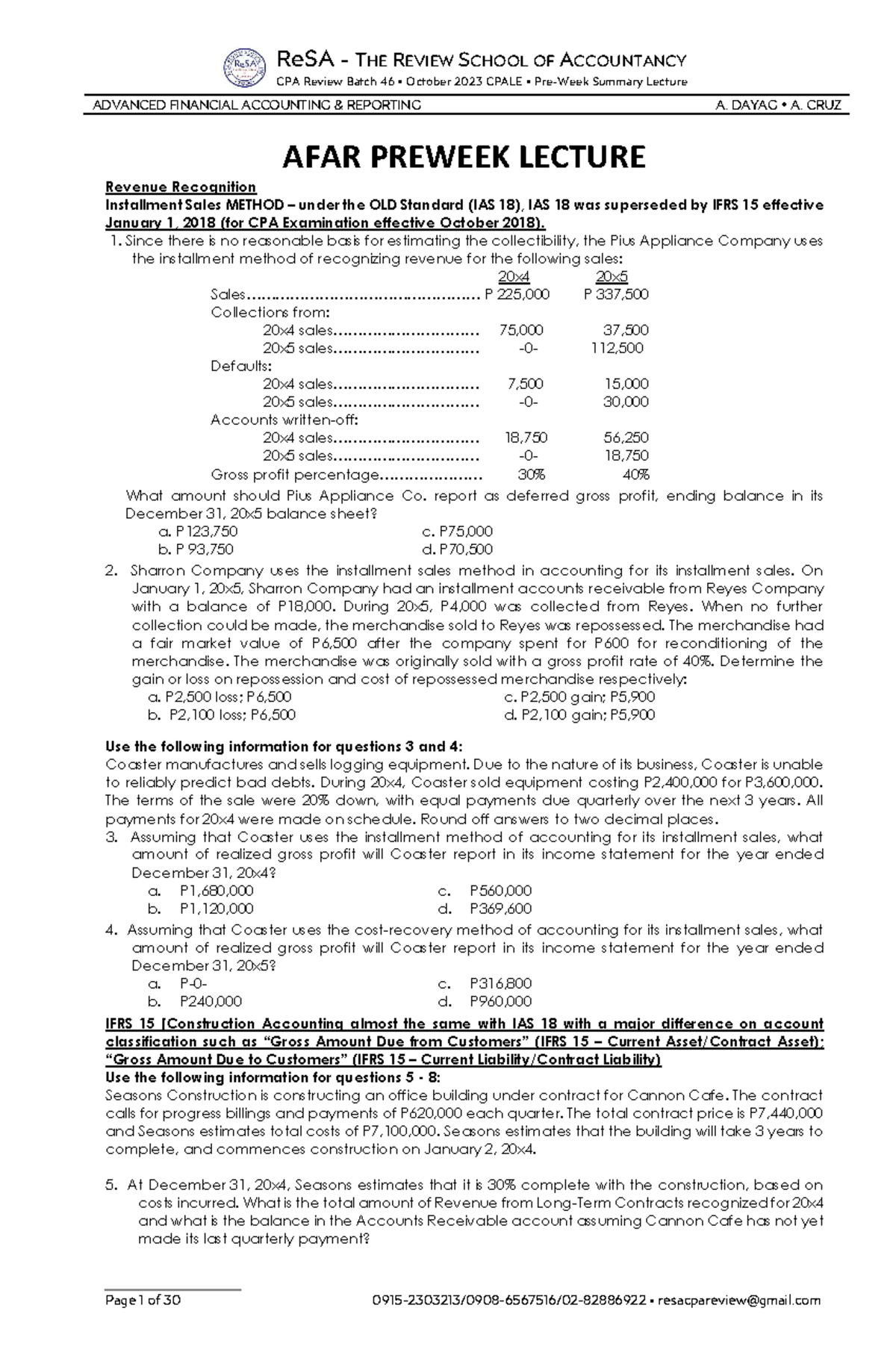 AFAR Preweek Summary for CPA Review Batch 46 - Revenue Recognition ...