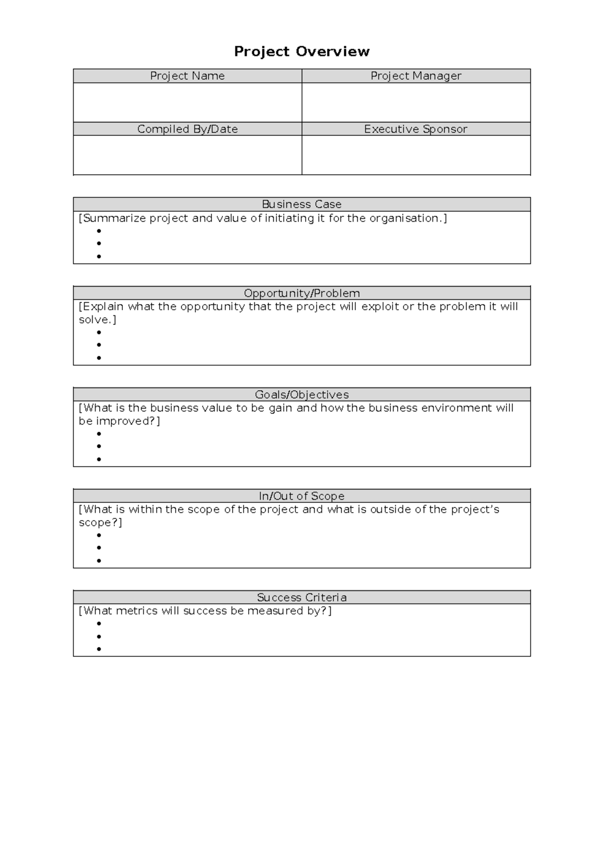 Project Brief Template Generic - Project Overview Project Name Project ...