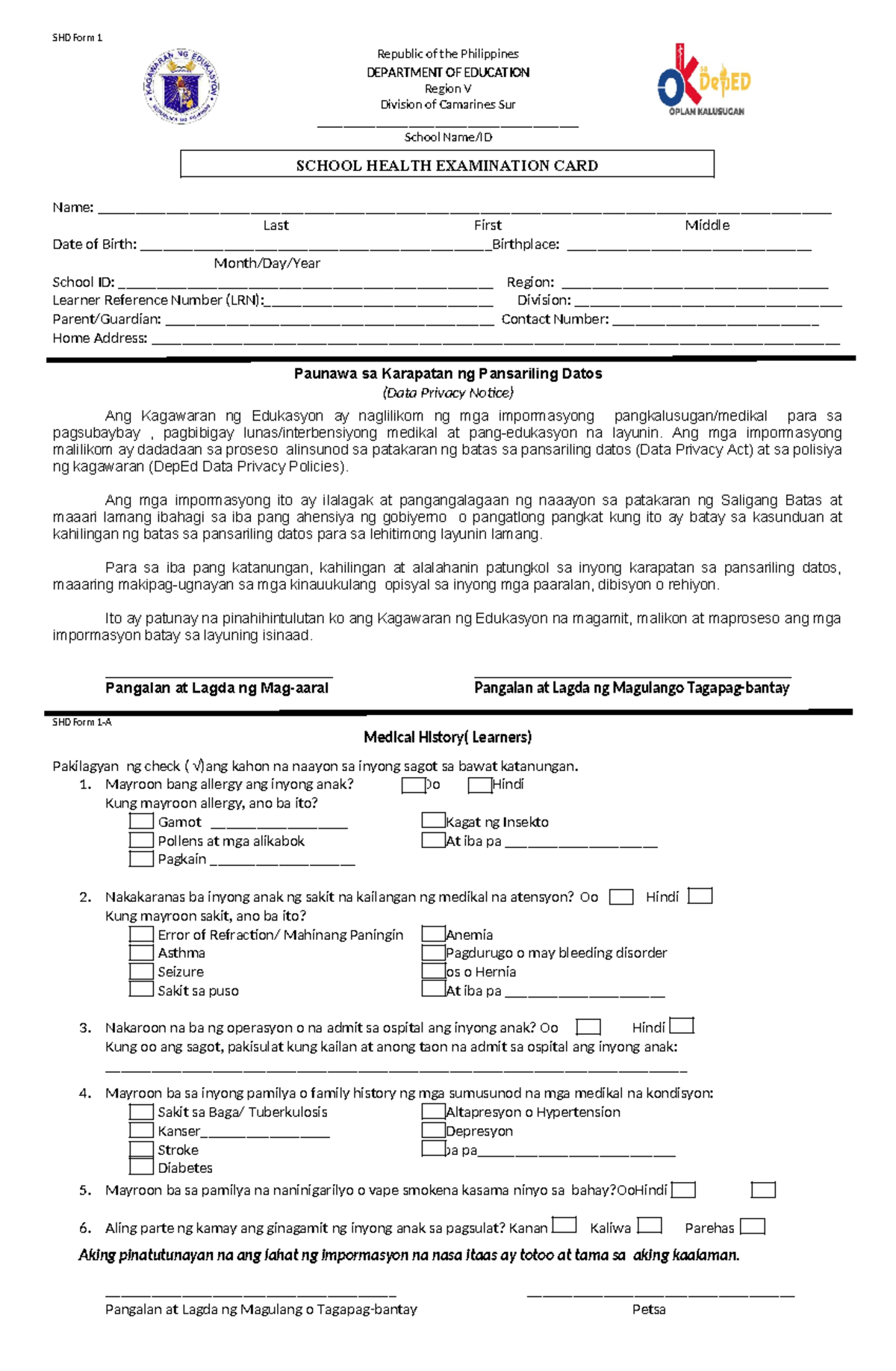 SHD Form 1: School Health Examination Card and Medical History - Studocu