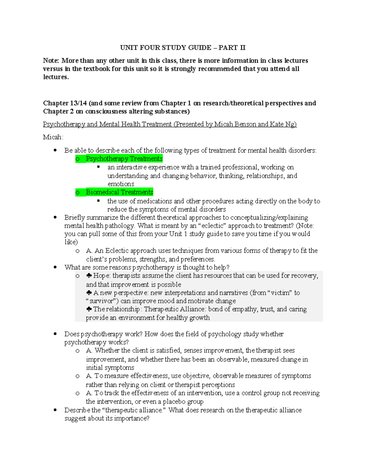 Unit 4 Study Guide (PSY 101) - Final Exam Part II: Psychotherapy ...