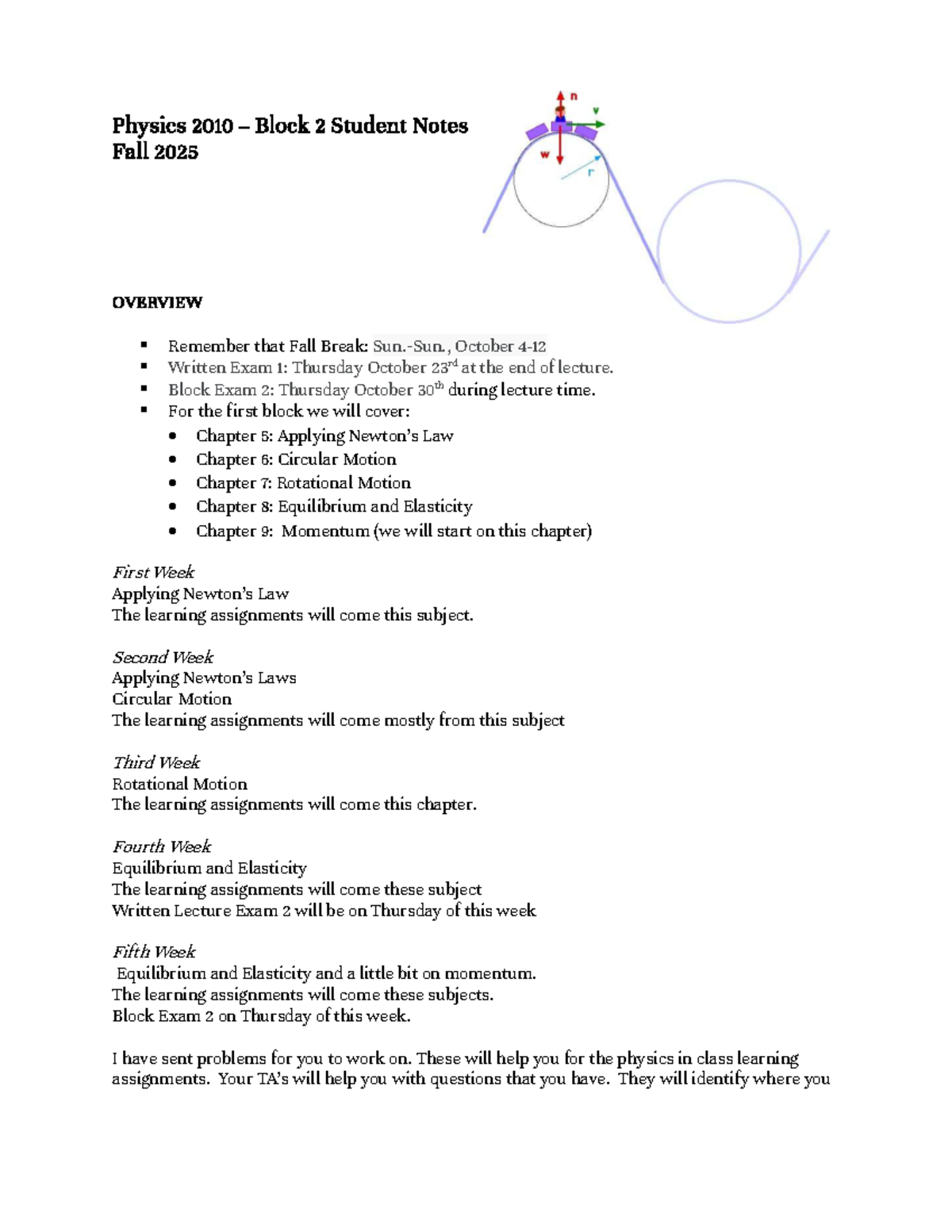 Physics 2010 Block 2 Student Notes - Fall 2025 Overview - Studocu