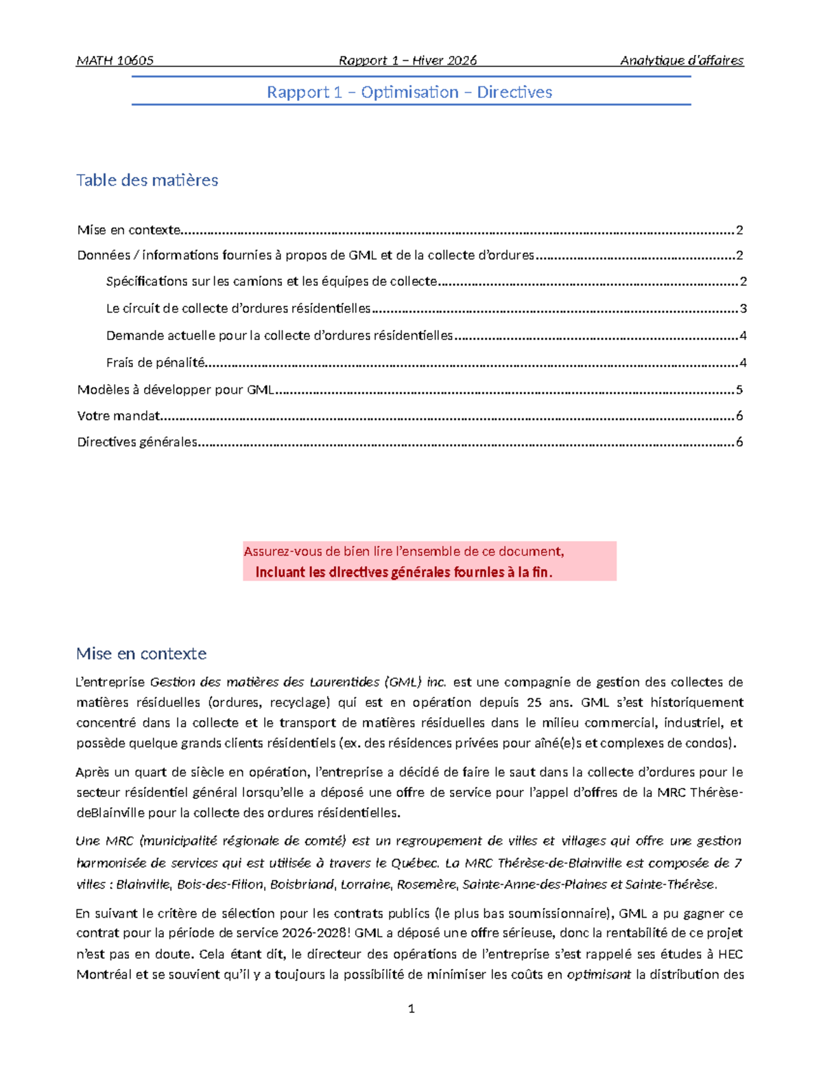 MATH 10605 Rapport 1 Hiver 2026 : Optimisation des Collectes ...