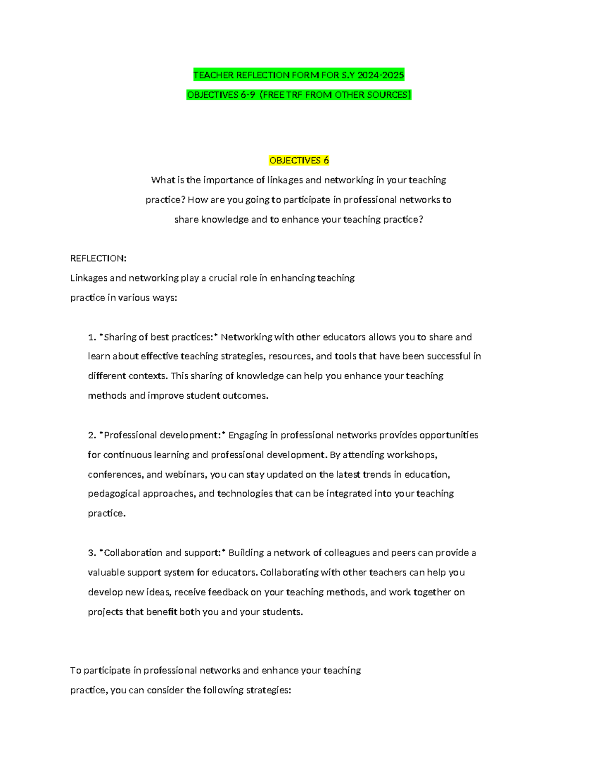 Teacher Reflection Form for S.Y: Enhancing Teaching Through Networking ...