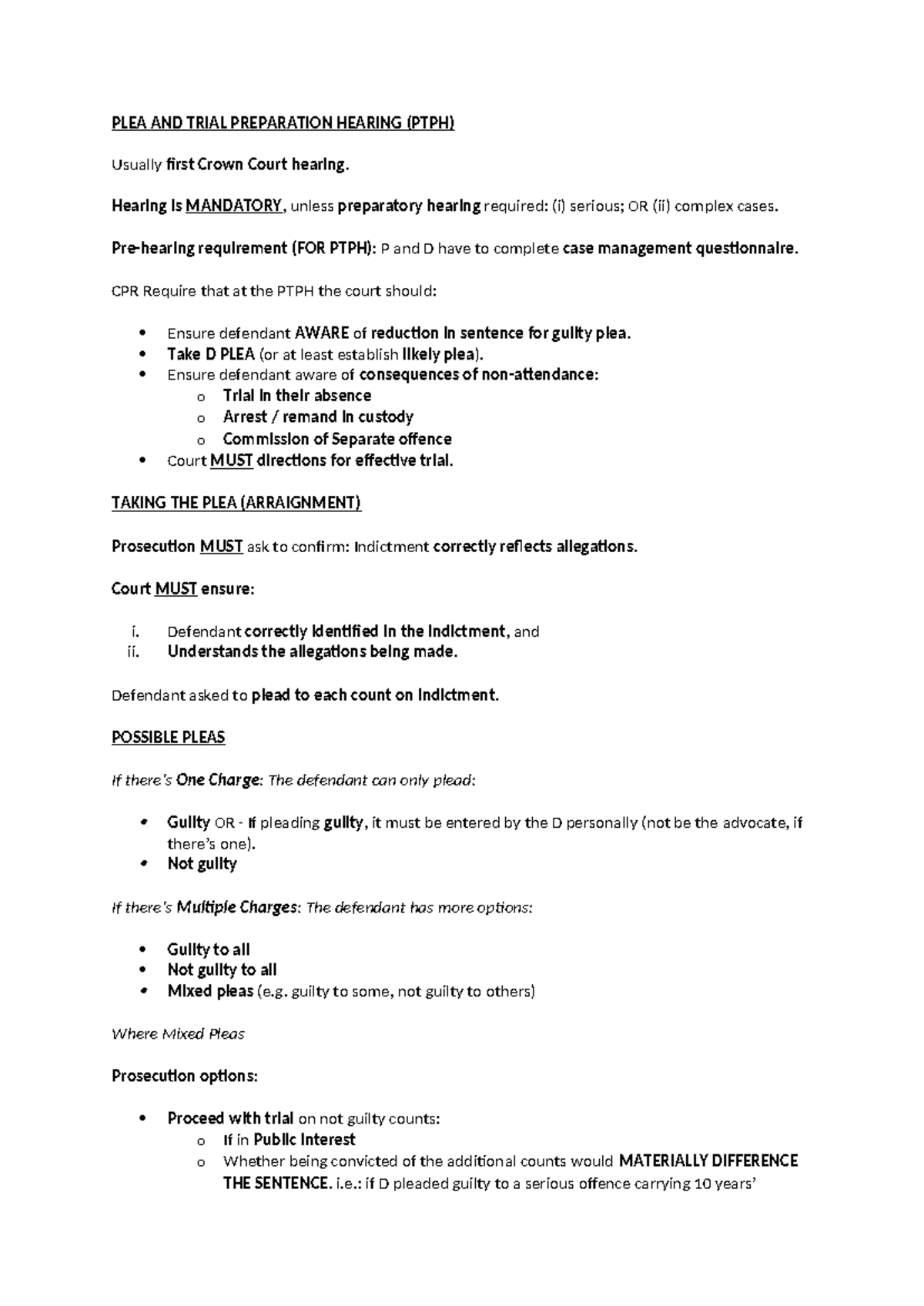PTPH: Plea and Trial Preparation Hearing Notes - Studocu