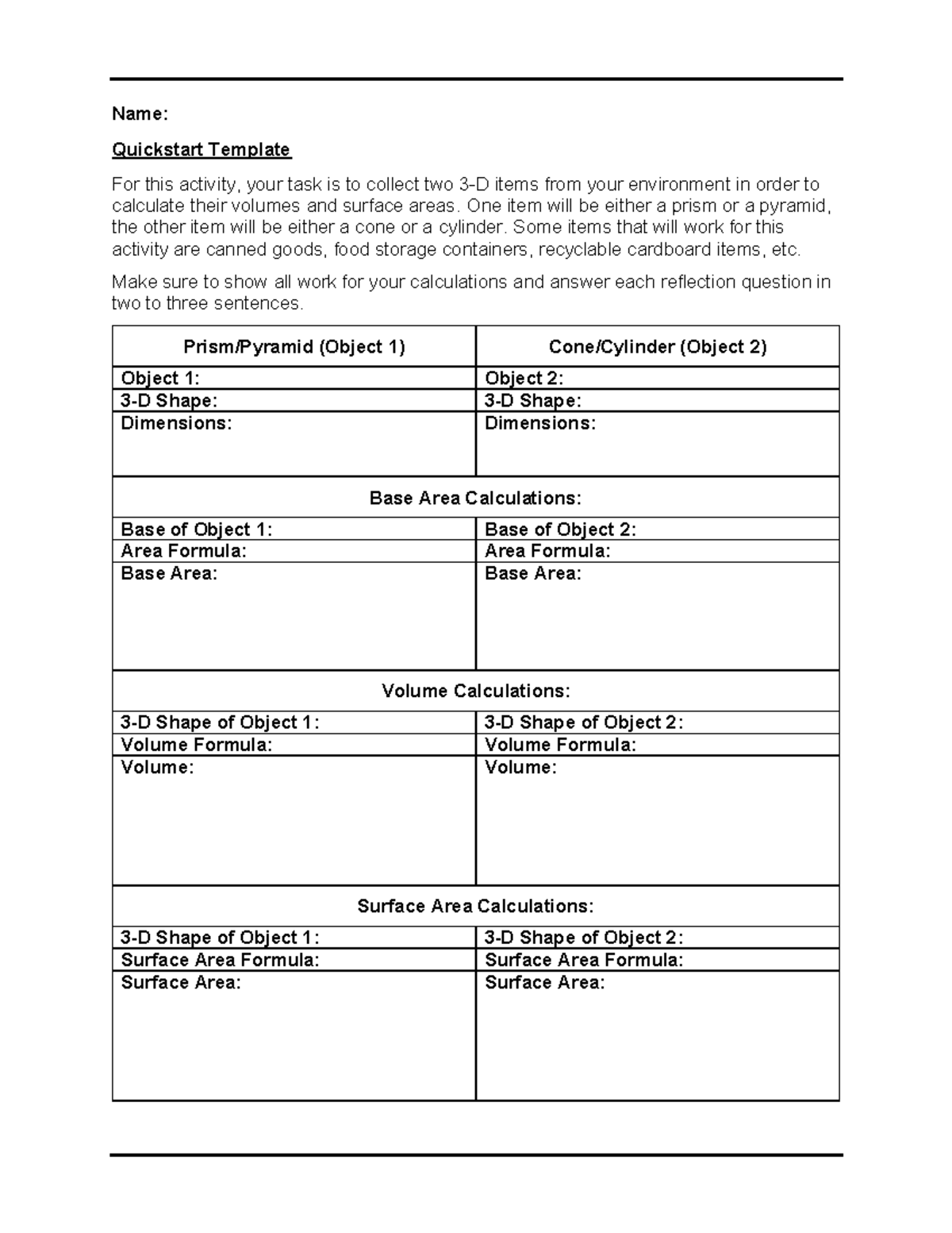 3-D Geometry Activity: Volume & Surface Area Calculations Template ...
