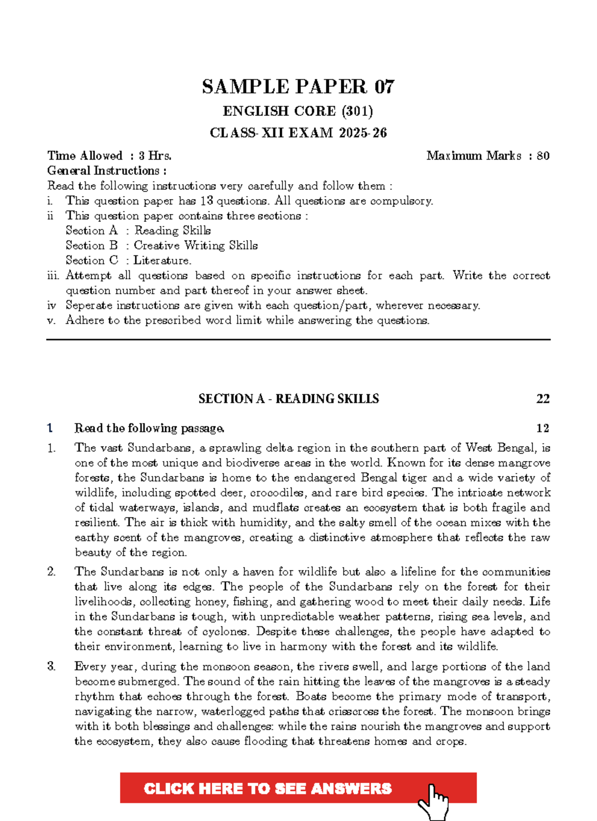 CBSE 12th English Core Sample Paper 07 - Comprehensive Exam Guide - Studocu