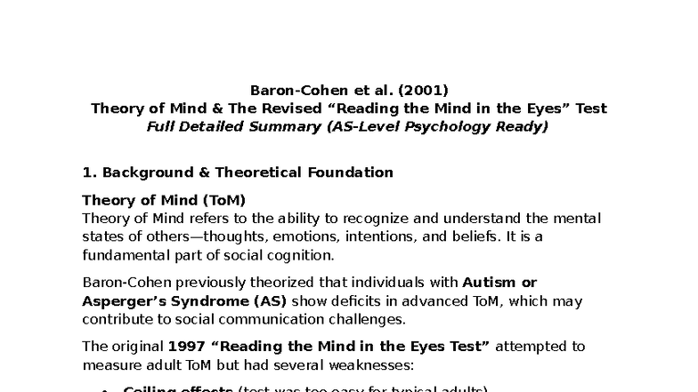 PSY 301: Revised Eyes Test and Theory of Mind in Adults Summary - Studocu