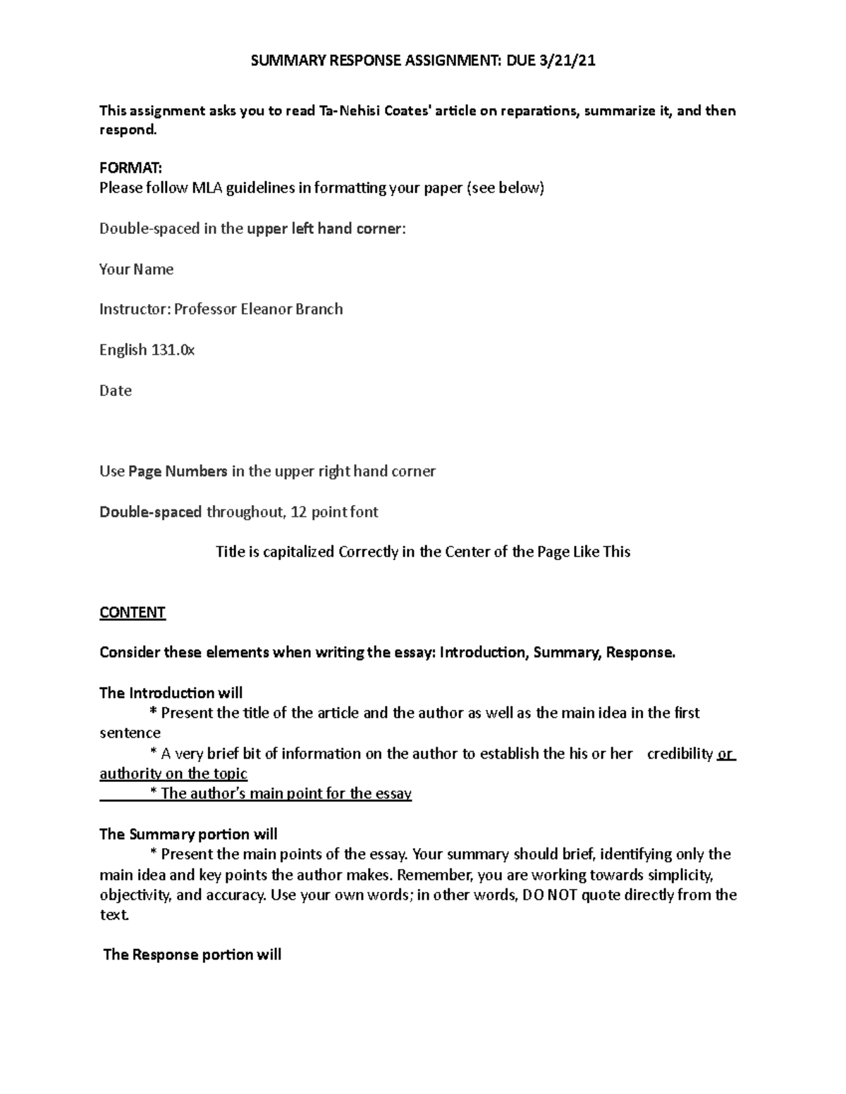 Summary Response Assignment - SUMMARY RESPONSE ASSIGNMENT: DUE 3/21 ...