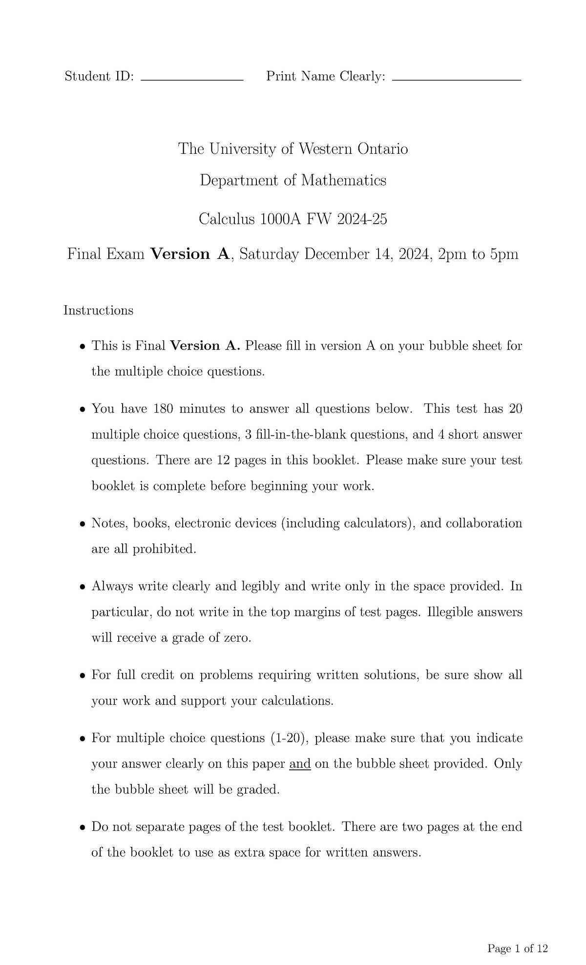 Appl Math 1201B W25 Final Exam Version A - December 14, 2024 - Studocu