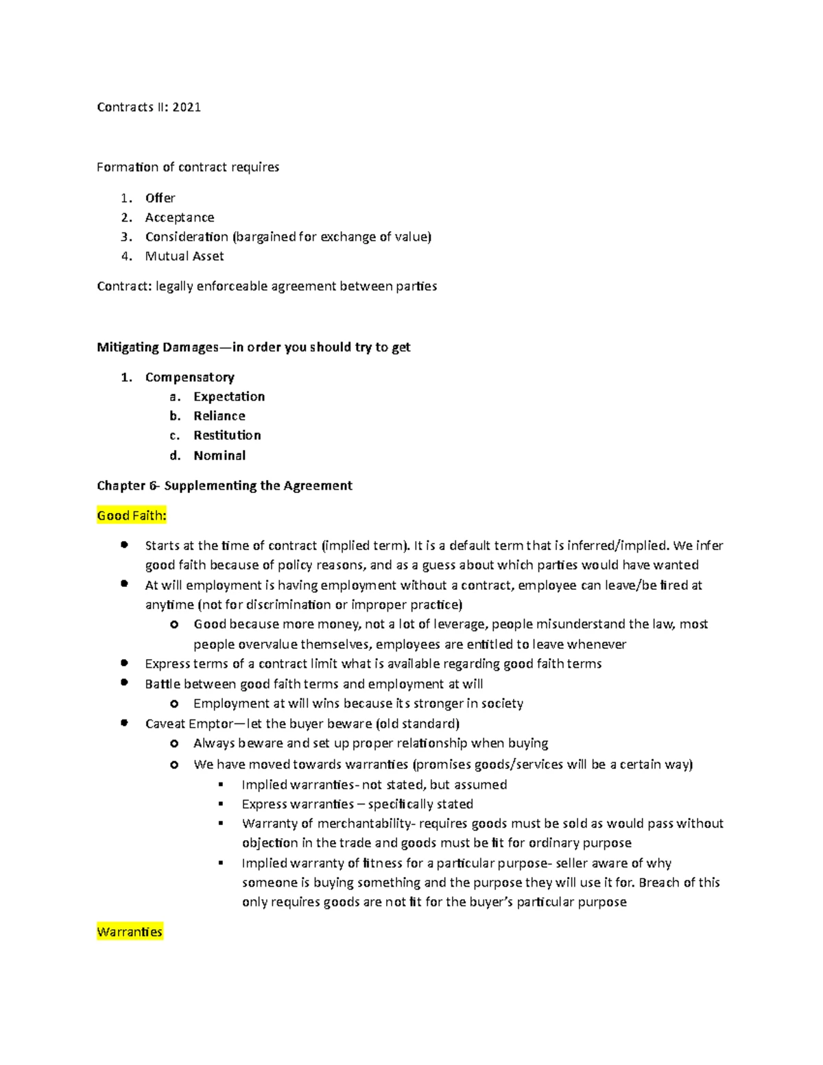 Contracts II - Outline of Key Concepts & Legal Principles - Studocu