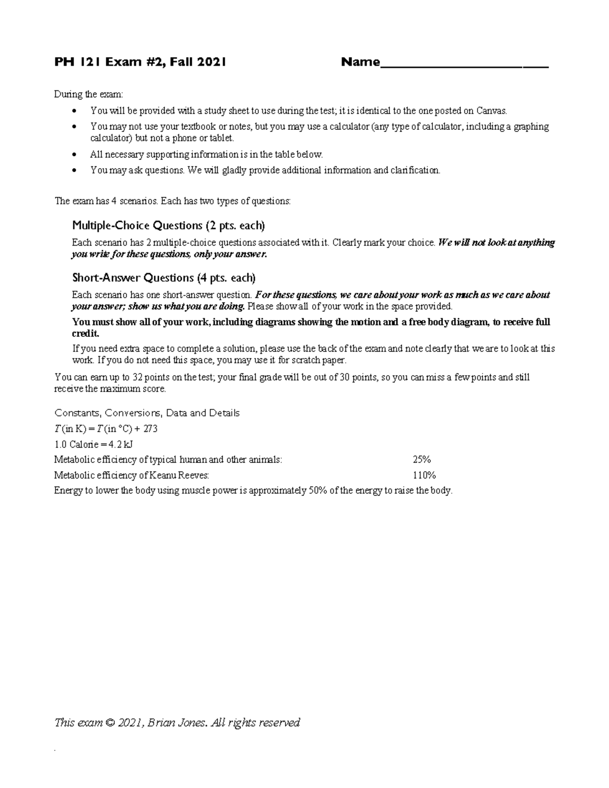 PH 121 practice exam 2 solutions - . PH 121 Exam #2, Fall 2021 Name