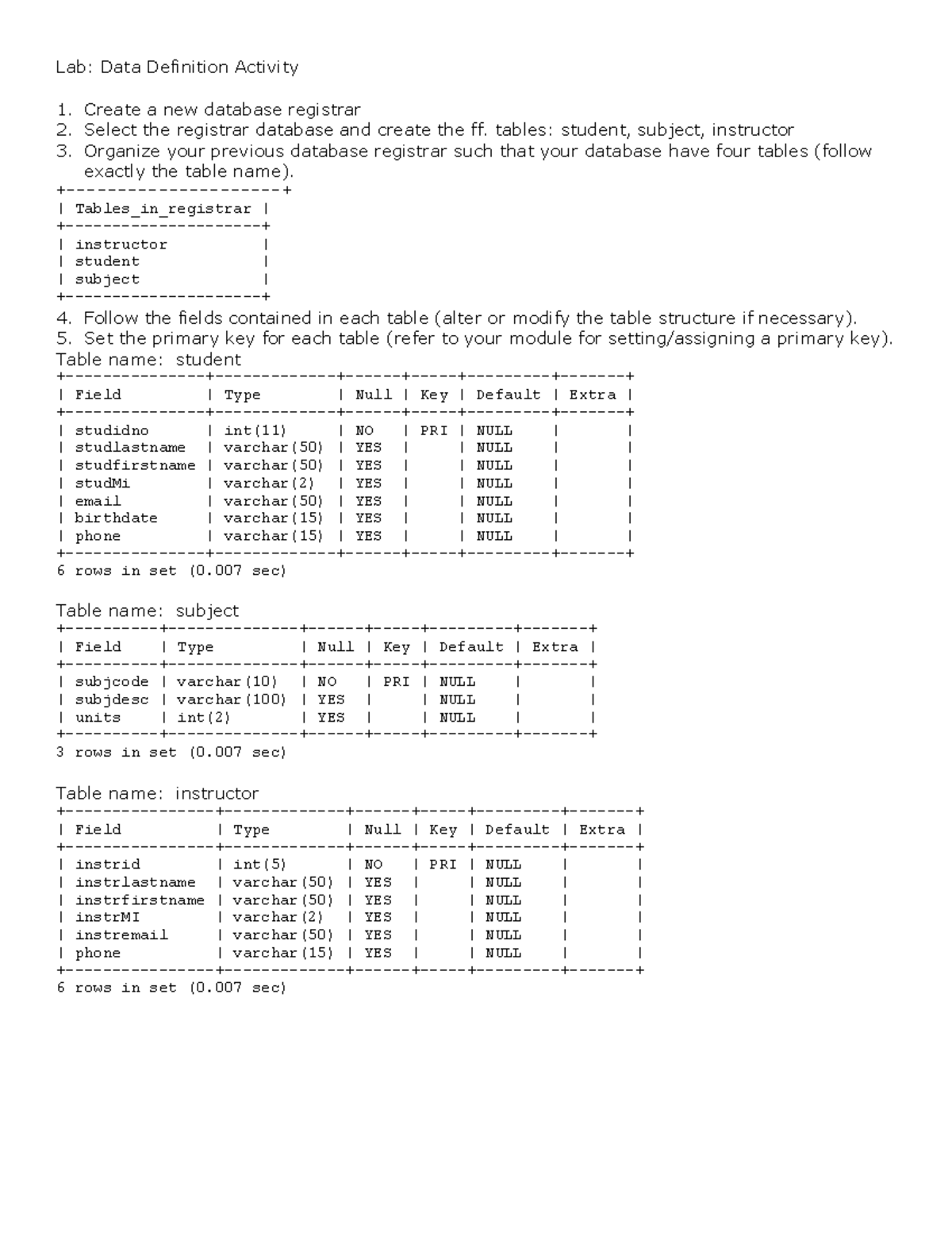 Registrar DDL - MySQL Tables Creation Lab - Studocu