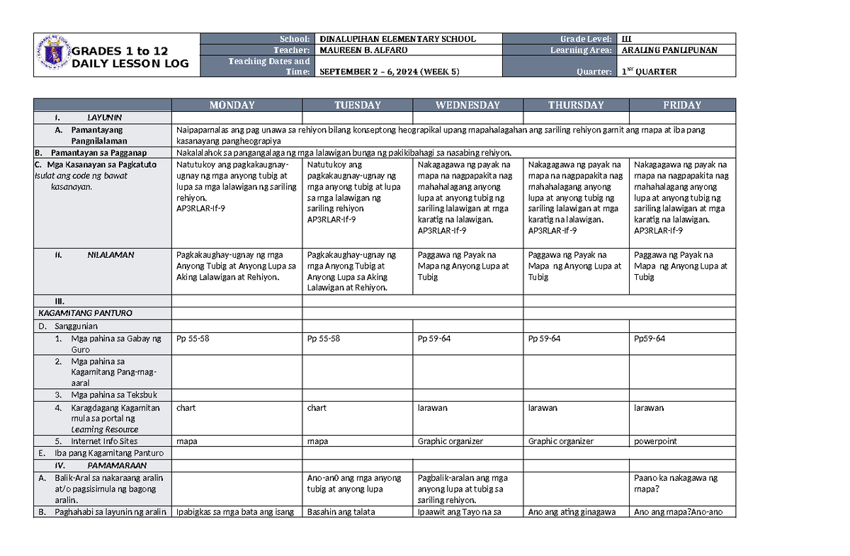 DLL Araling Panlipunan 3 Q1 W5 - GRADES 1 to 12 DAILY LESSON LOG School ...