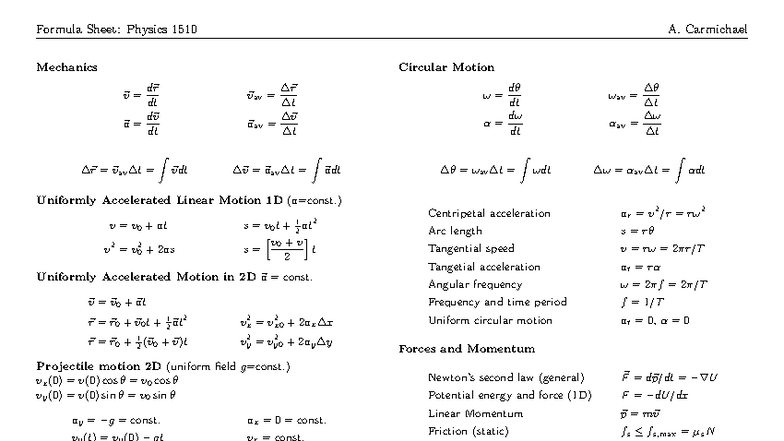 Formula Sheet: Physics 1510 A. Carmichael Mechanics and Motion - Studocu