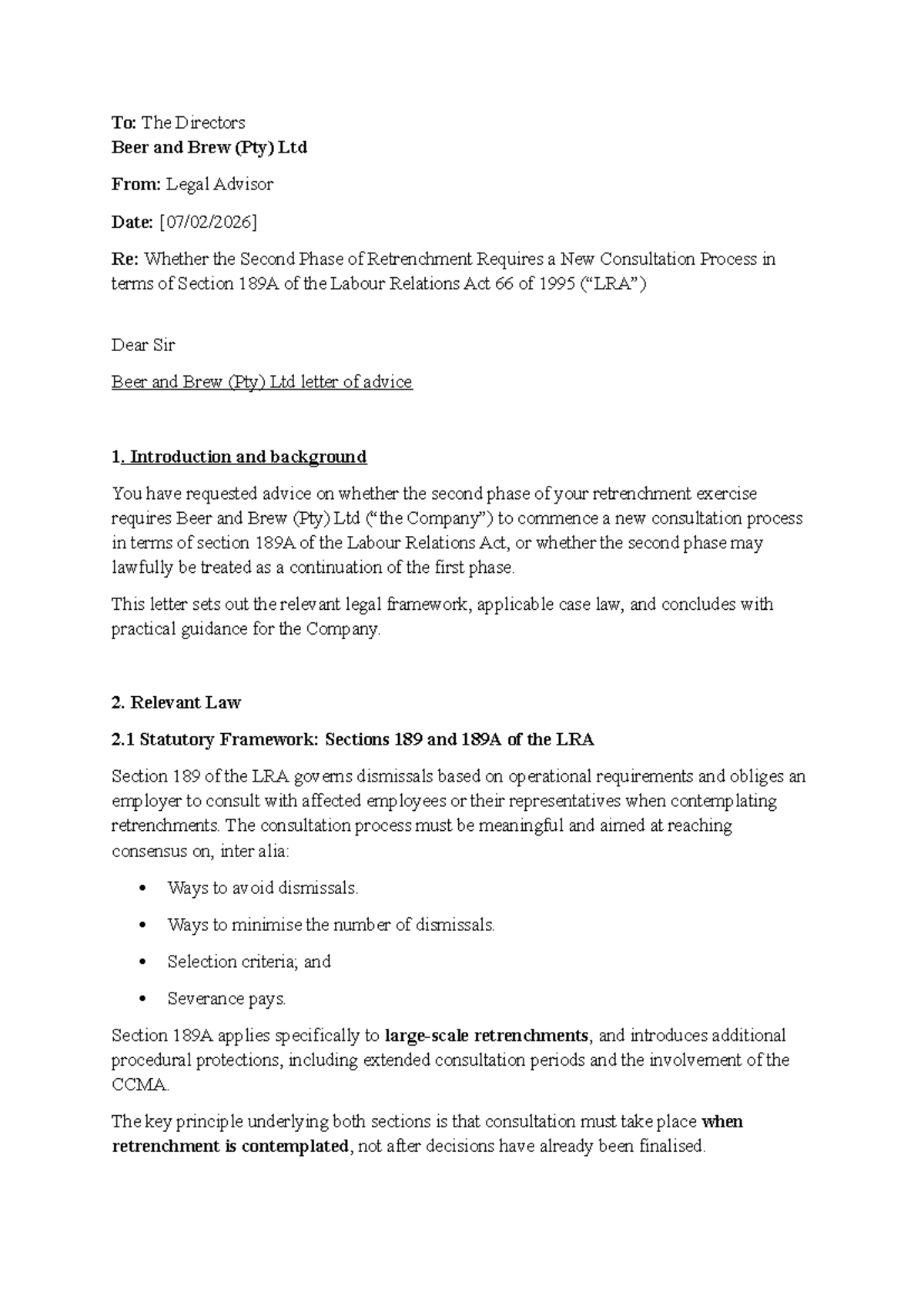 Legal Advice on Retrenchment Process: Section 189A Compliance - Studocu