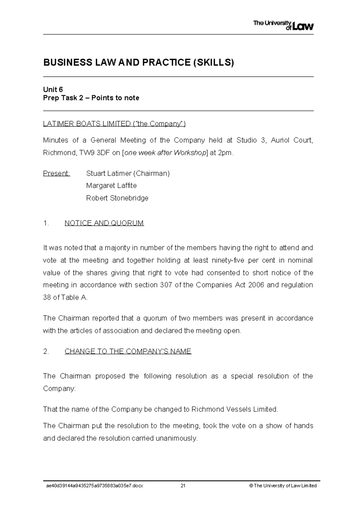 BUSINESS LAW AND PRACTICE (SKILLS) Unit 6 Consolidation Task Exemplar ...
