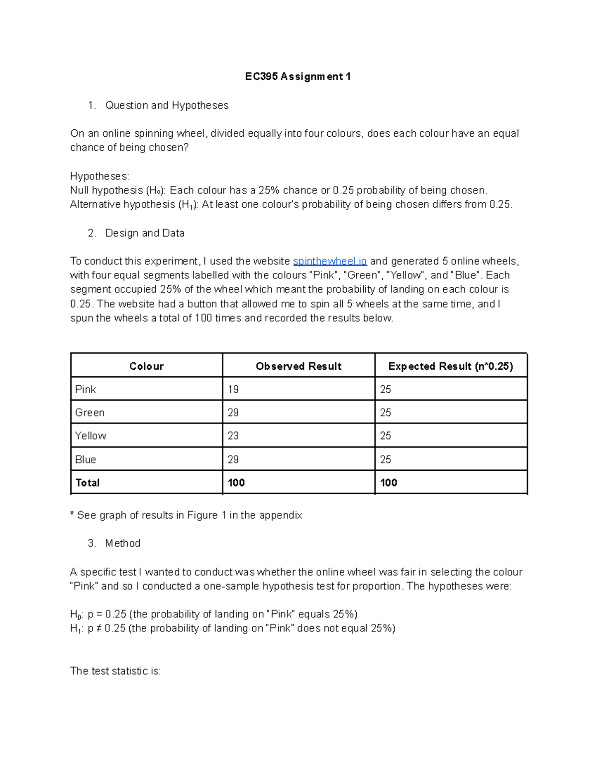 EC395 Assignment 1: Hypothesis Testing on Spinning Wheel Fairness - Studocu