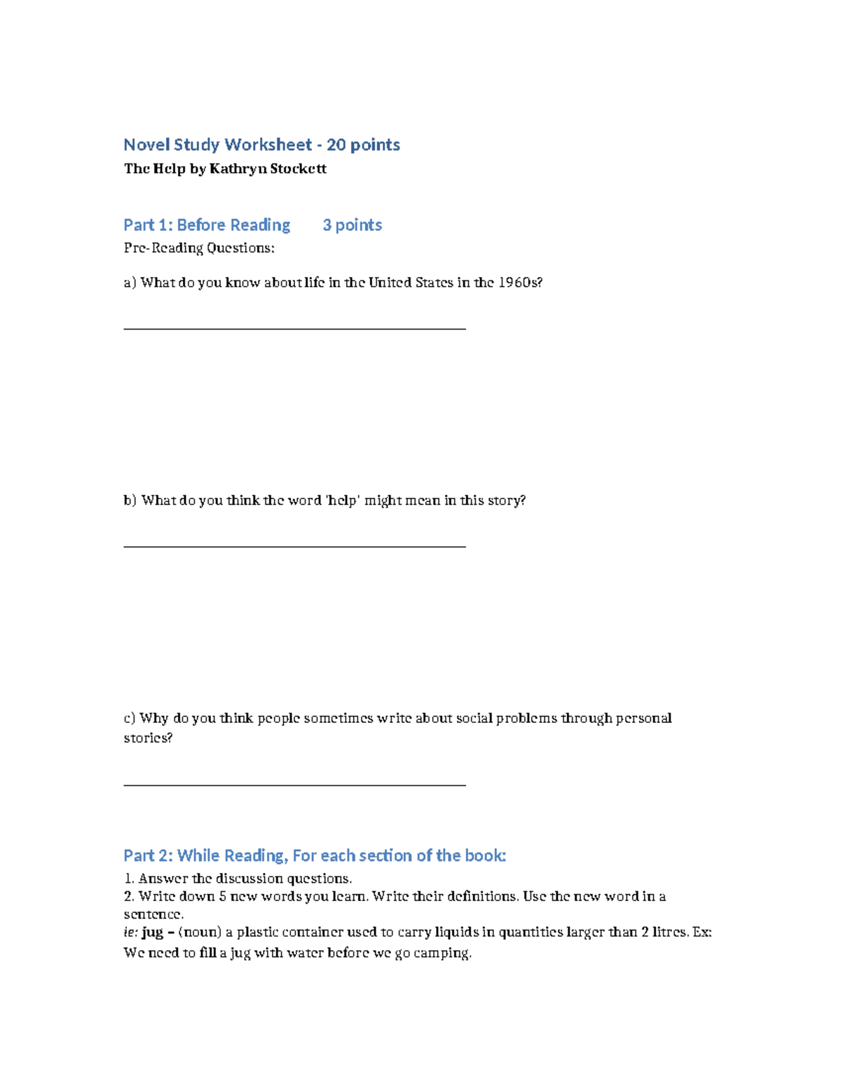 The Help Worksheet: Novel Study Guide (20 pts) - Studocu