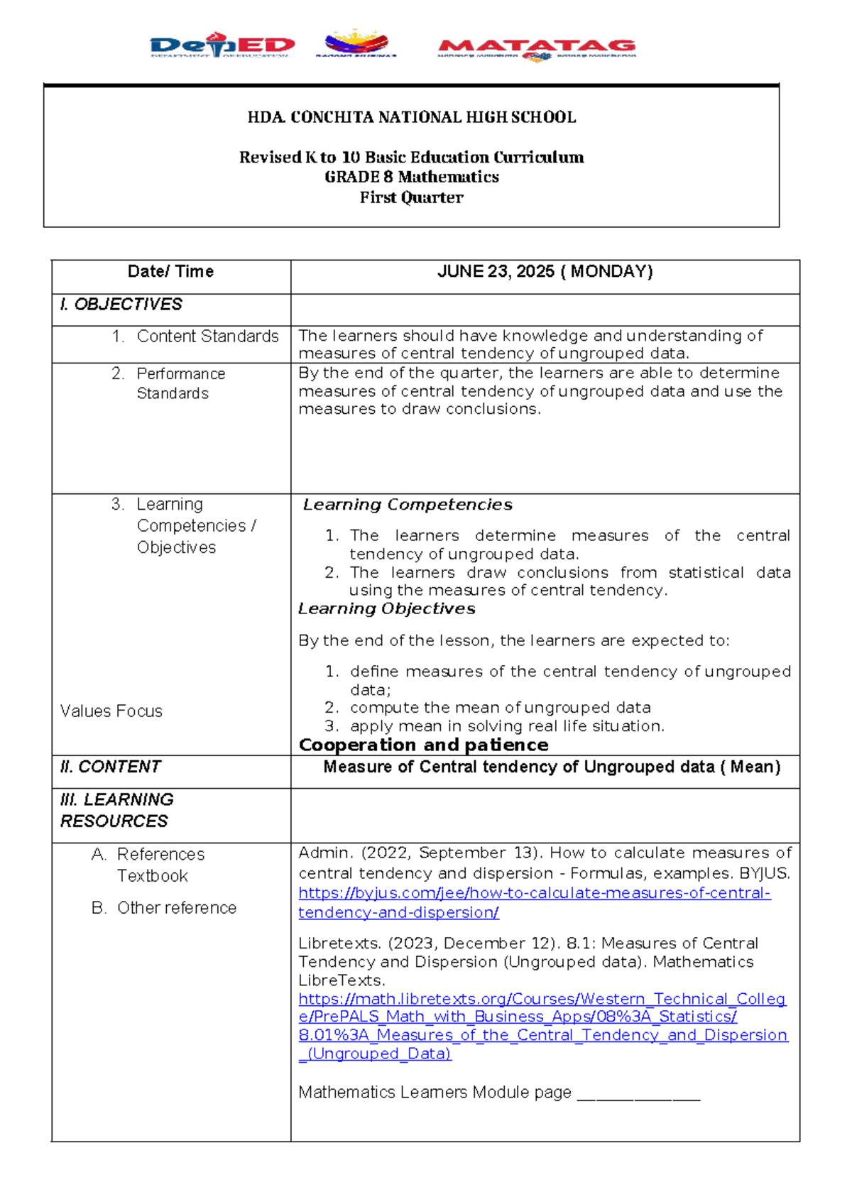 HDA GRADE 8 Math Lesson Plan: Measures of Central Tendency (Mean) - Studocu
