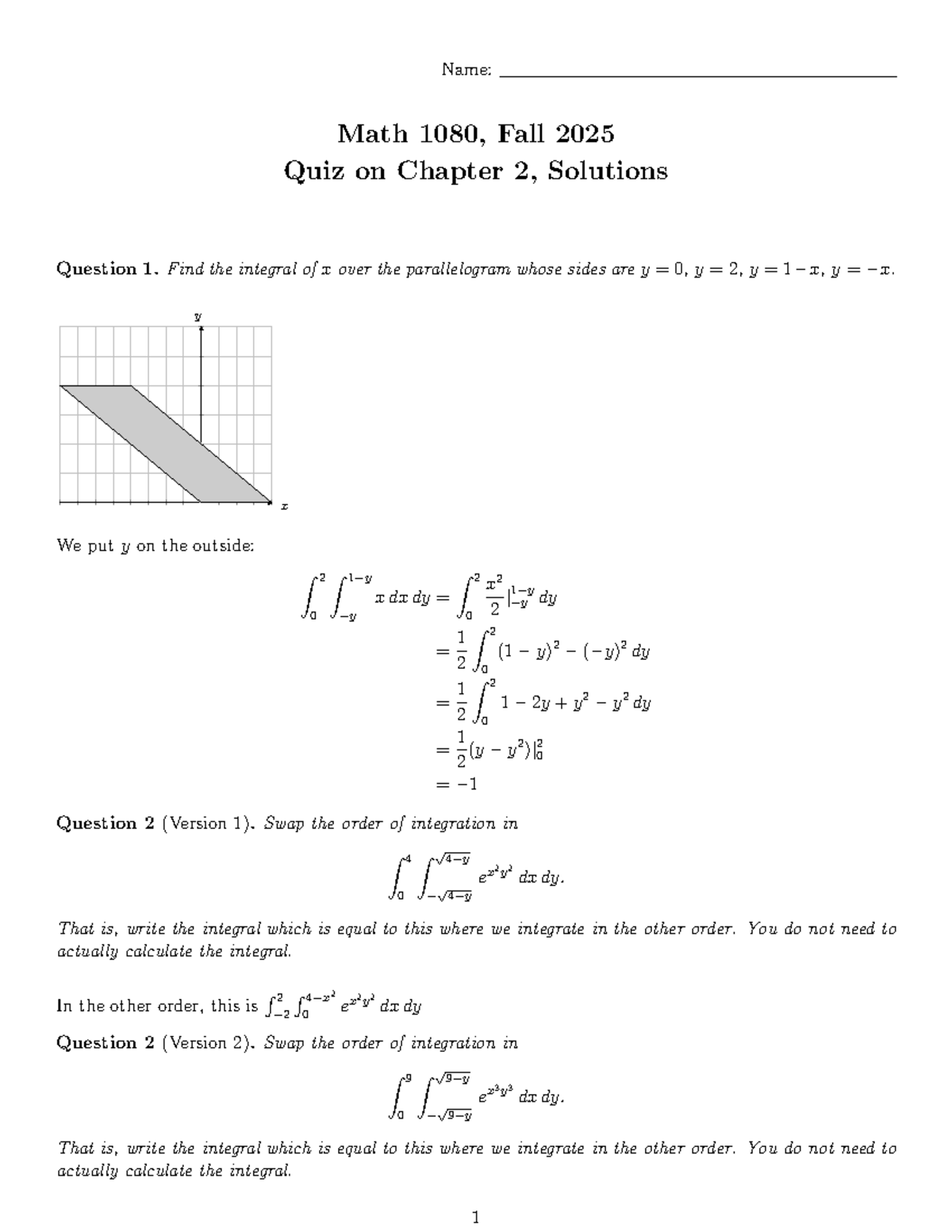 Math 1080, Fall 2025 Quiz 02 Solutions: Chapter 2 Integration - Studocu