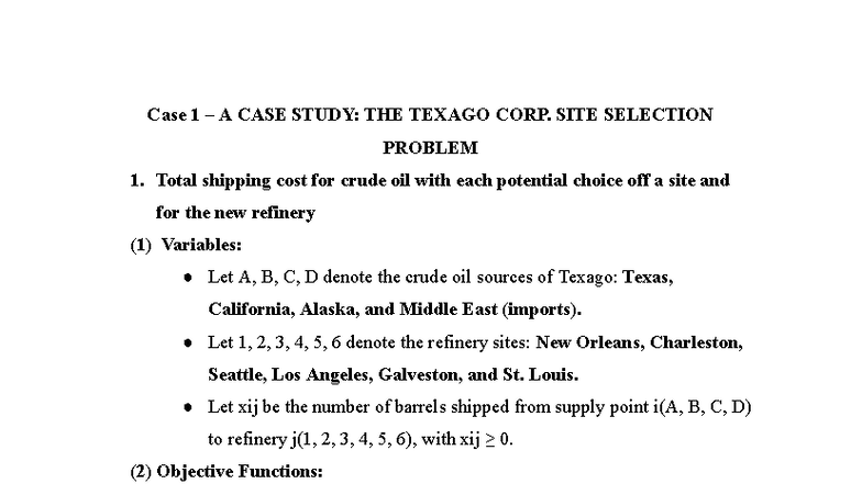 Case Study: Texago Corp. Site Selection Problem (SCMin ERP DH49IBF004 ...