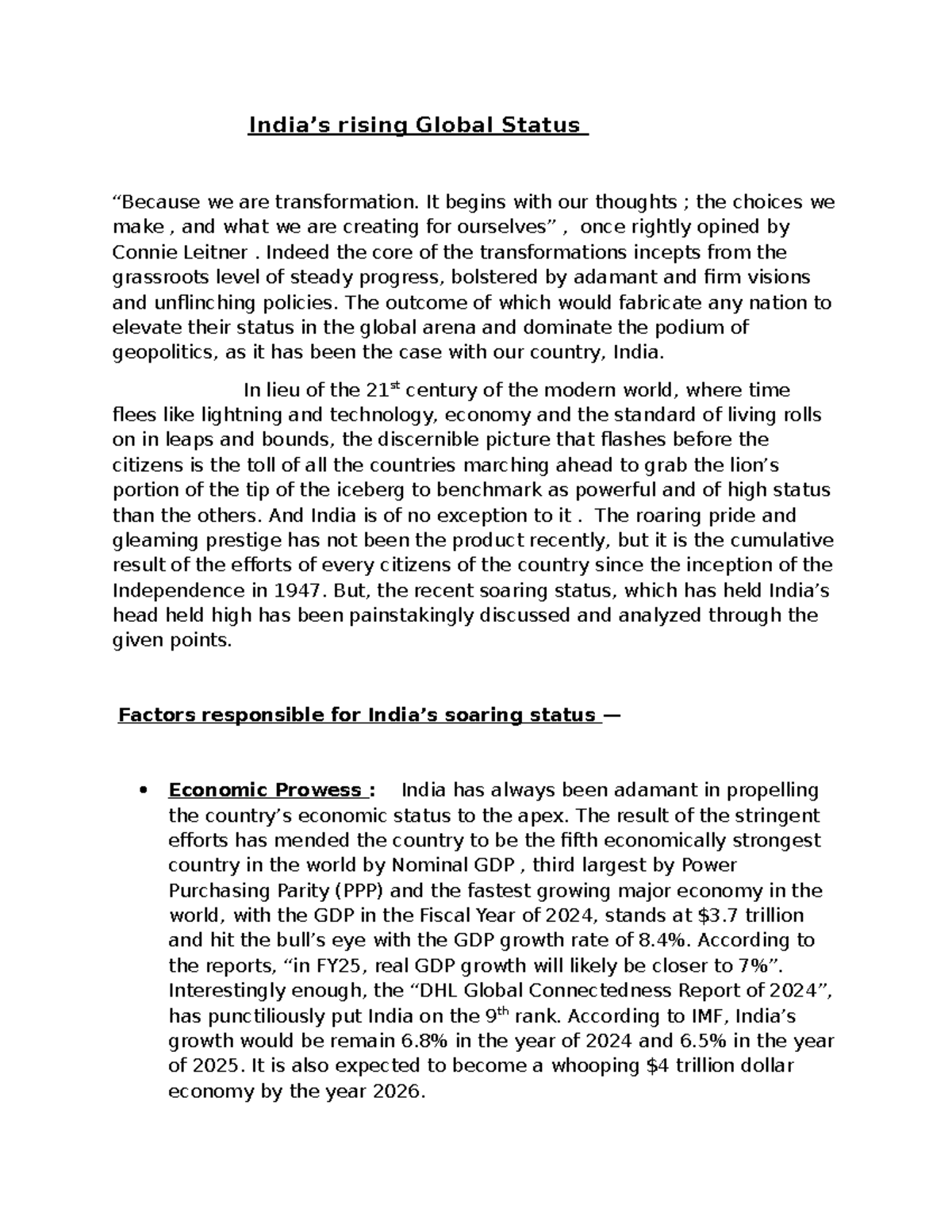 India's Rising Global Status: Economic, Military, and Diplomatic ...