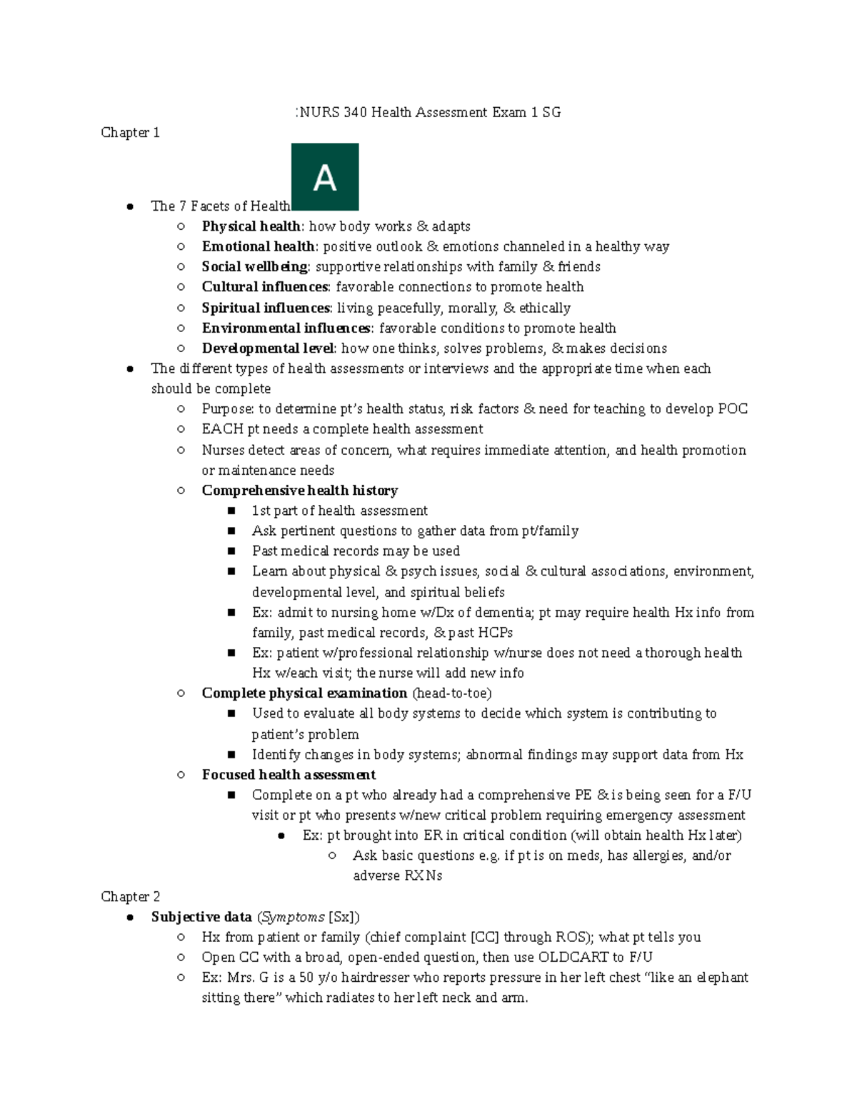 NURS 340 Health Assessment Exam 1 Study Guide: Key Concepts & Topics ...