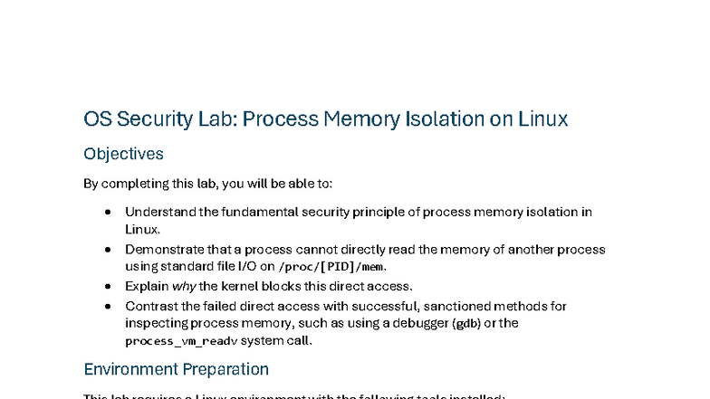 OS Security Lab: Process Memory Isolation on Linux - Studocu