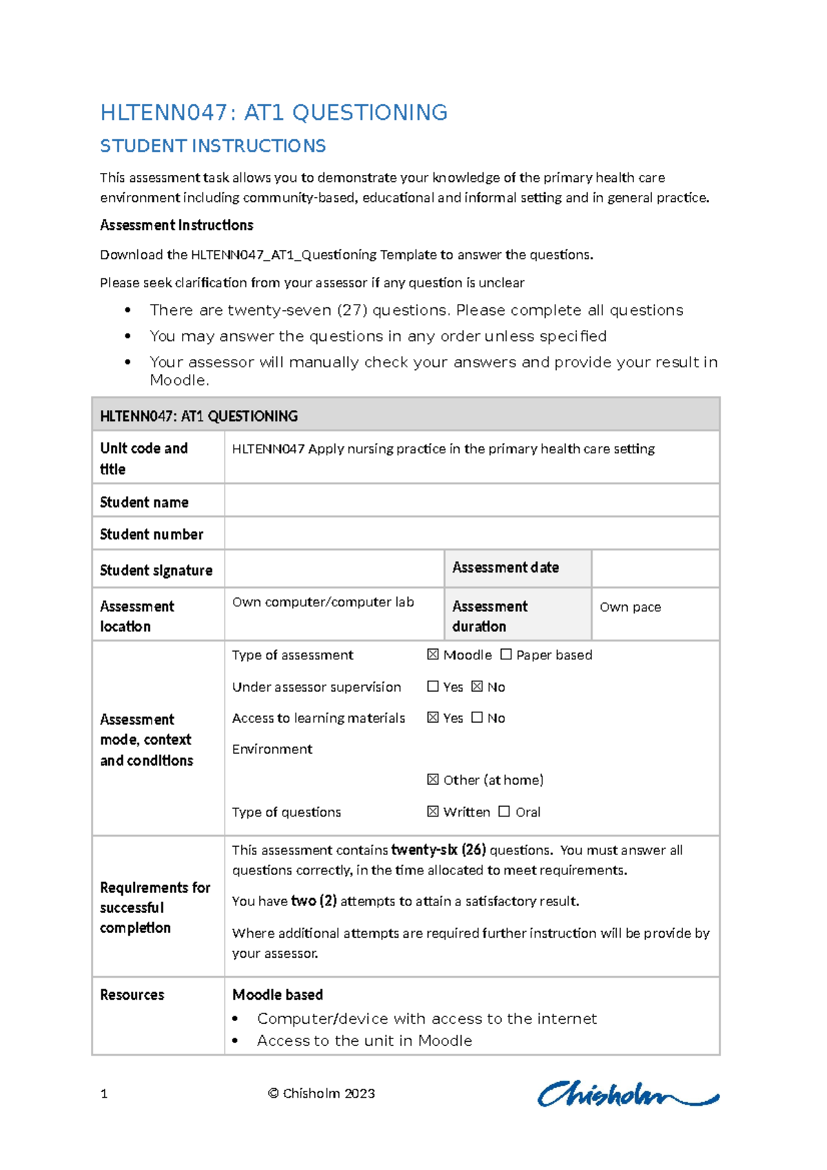 HLTENN047: AT1 Questioning Template for Primary Health Care Assessment ...