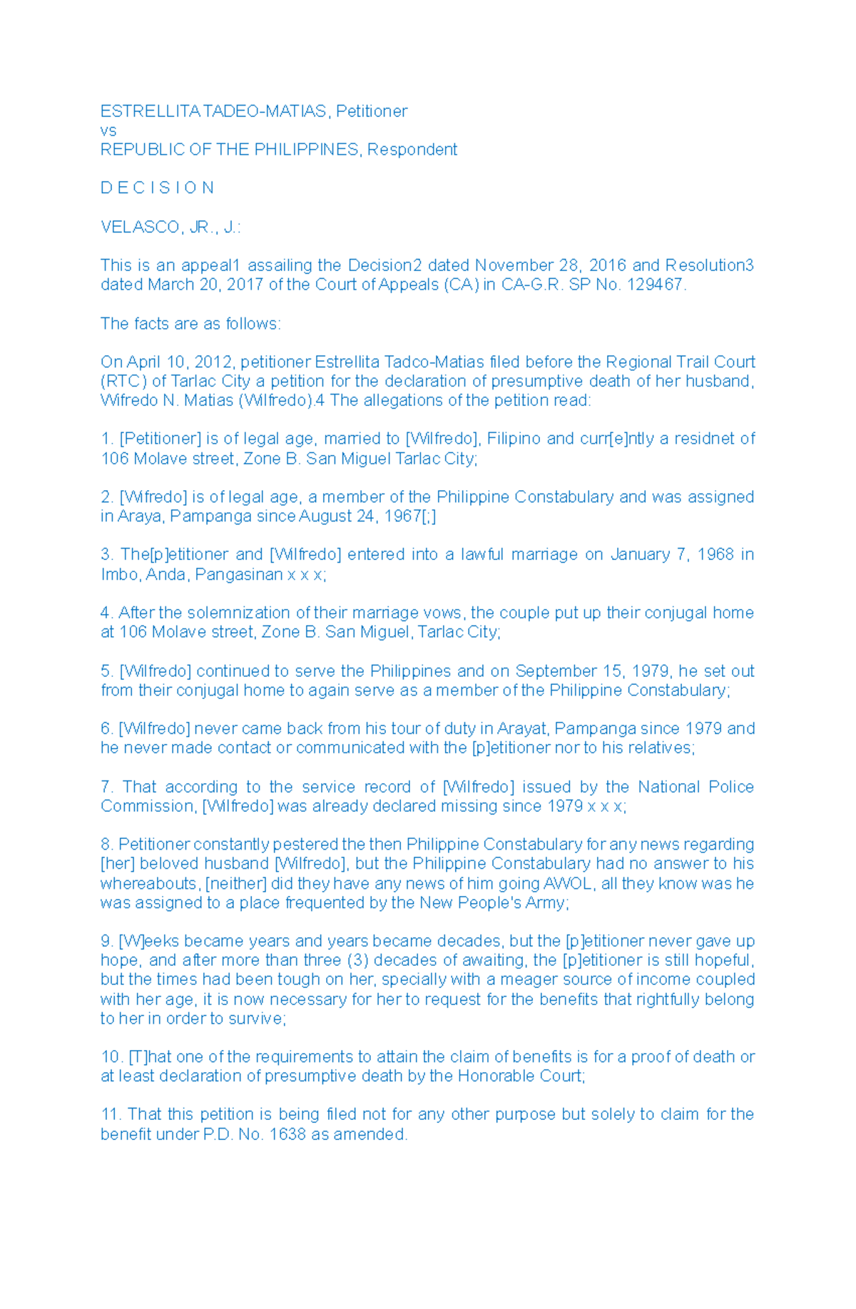 Tadeo-Matias v RP - Decision on Declaration of Presumptive Death - Studocu