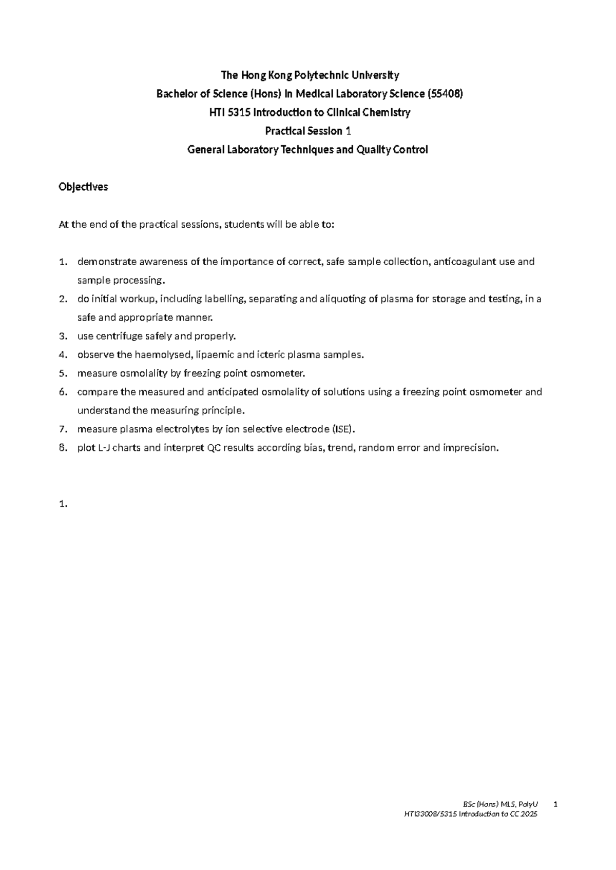 BSc (Hons) MLS, PolyU HTI 5315 Intro to Clinical Chemistry Lab Guide ...