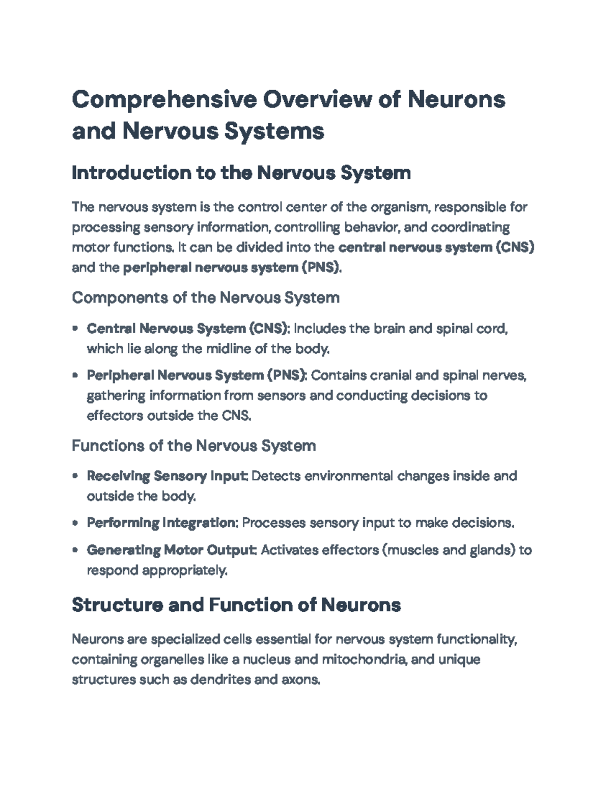 Comprehensive Overview of Neurons and Nervous Systems (BIO101 ...