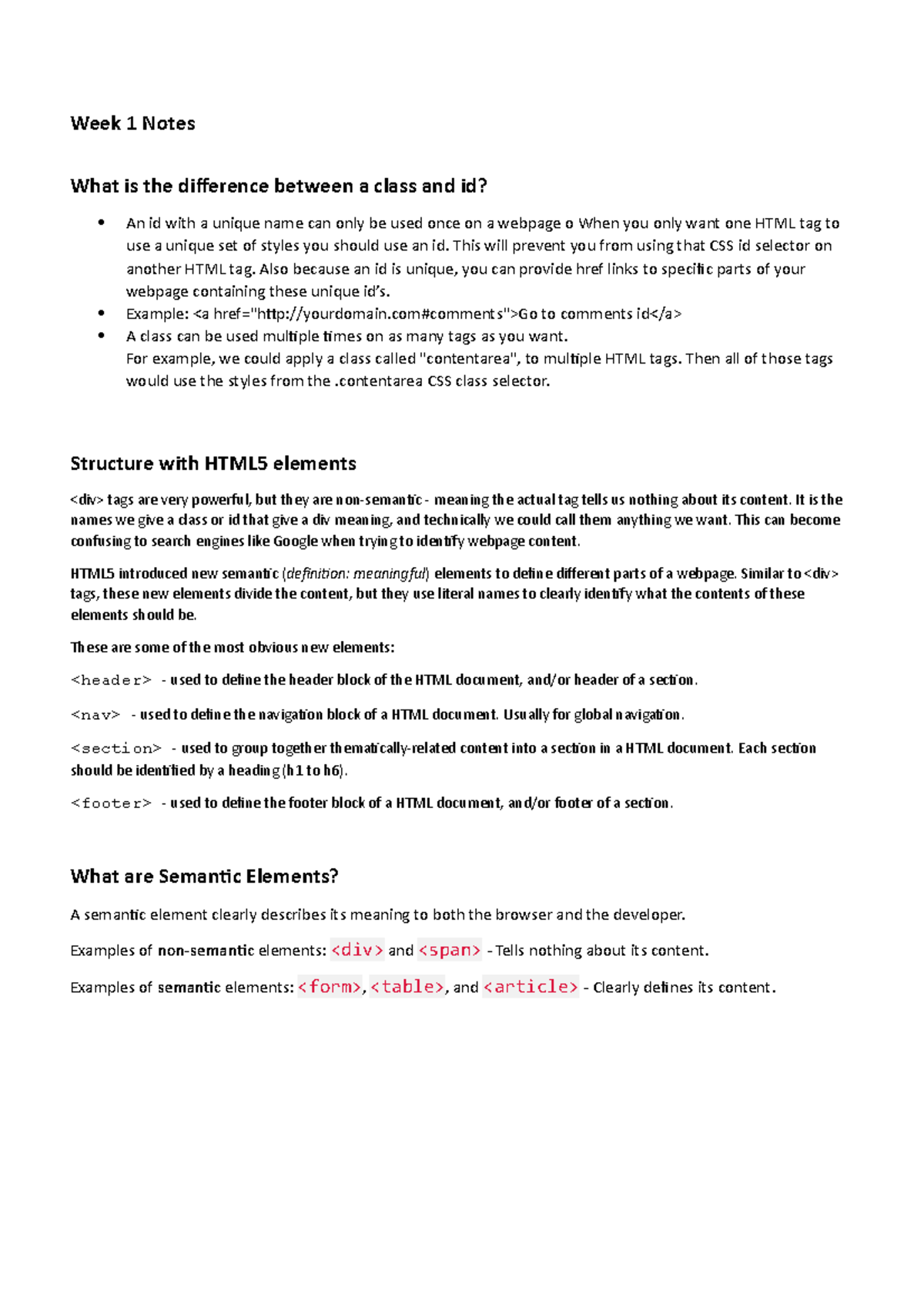 Week 1 Notes - Understanding HTML Classes and Semantic Elements - Studocu