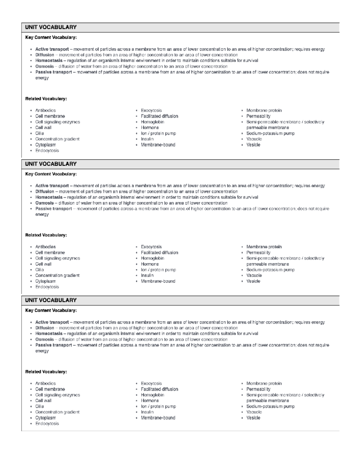 Cell Transport Vocabulary - Key Terms and Definitions - Studocu