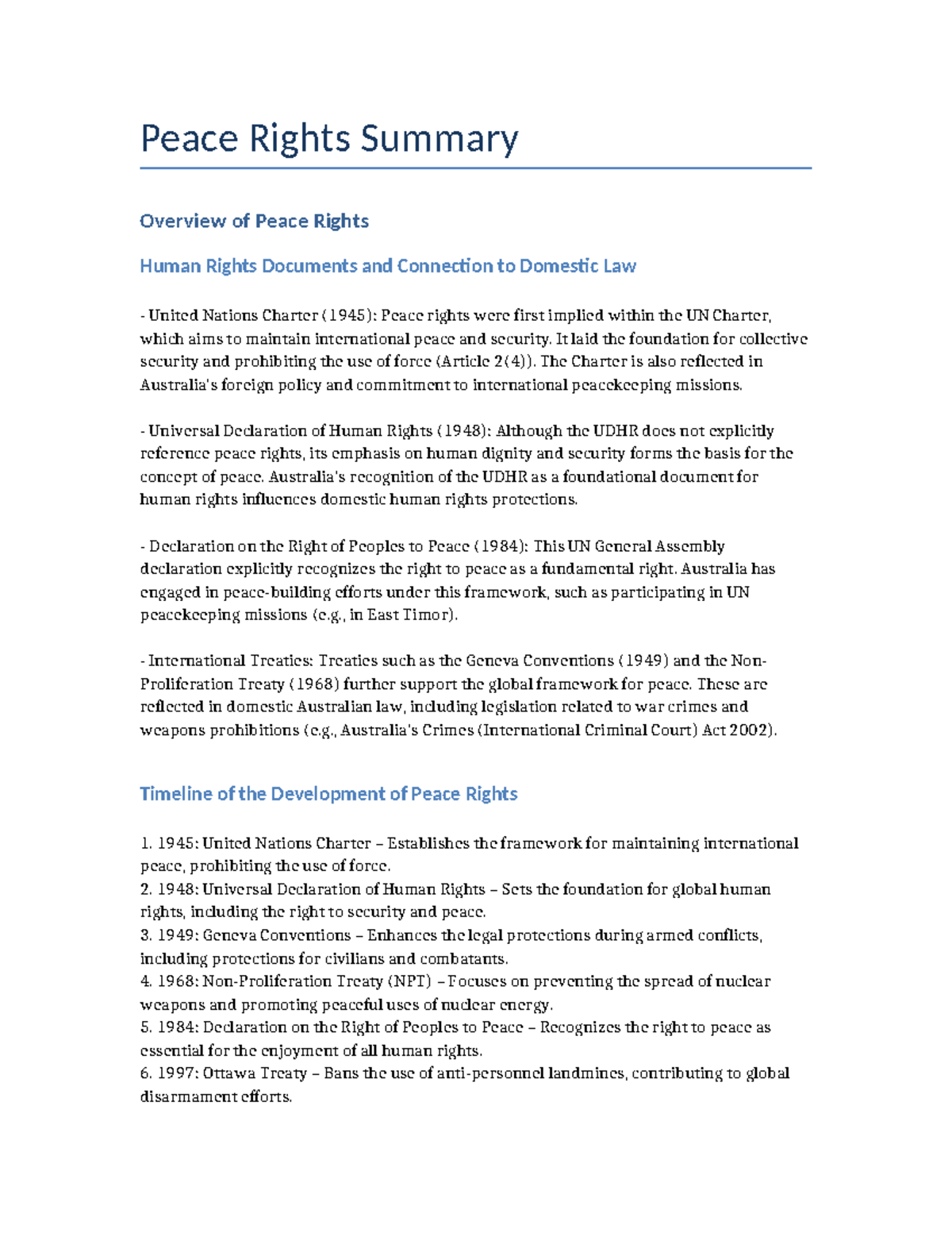 Peace Rights: A Summary of Key Human Rights Documents and Developments ...