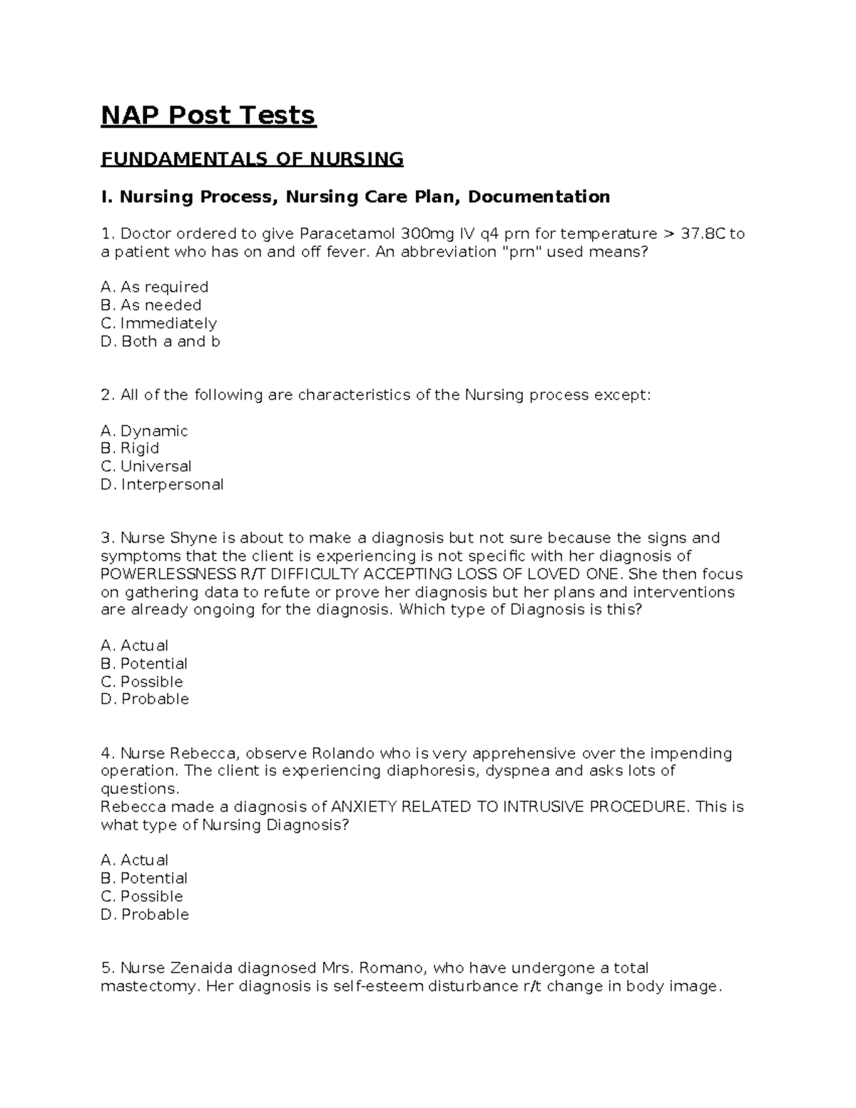 NAP Post Tests: Comprehensive Exam for FUNDAMENTALS OF NURSING I - Studocu