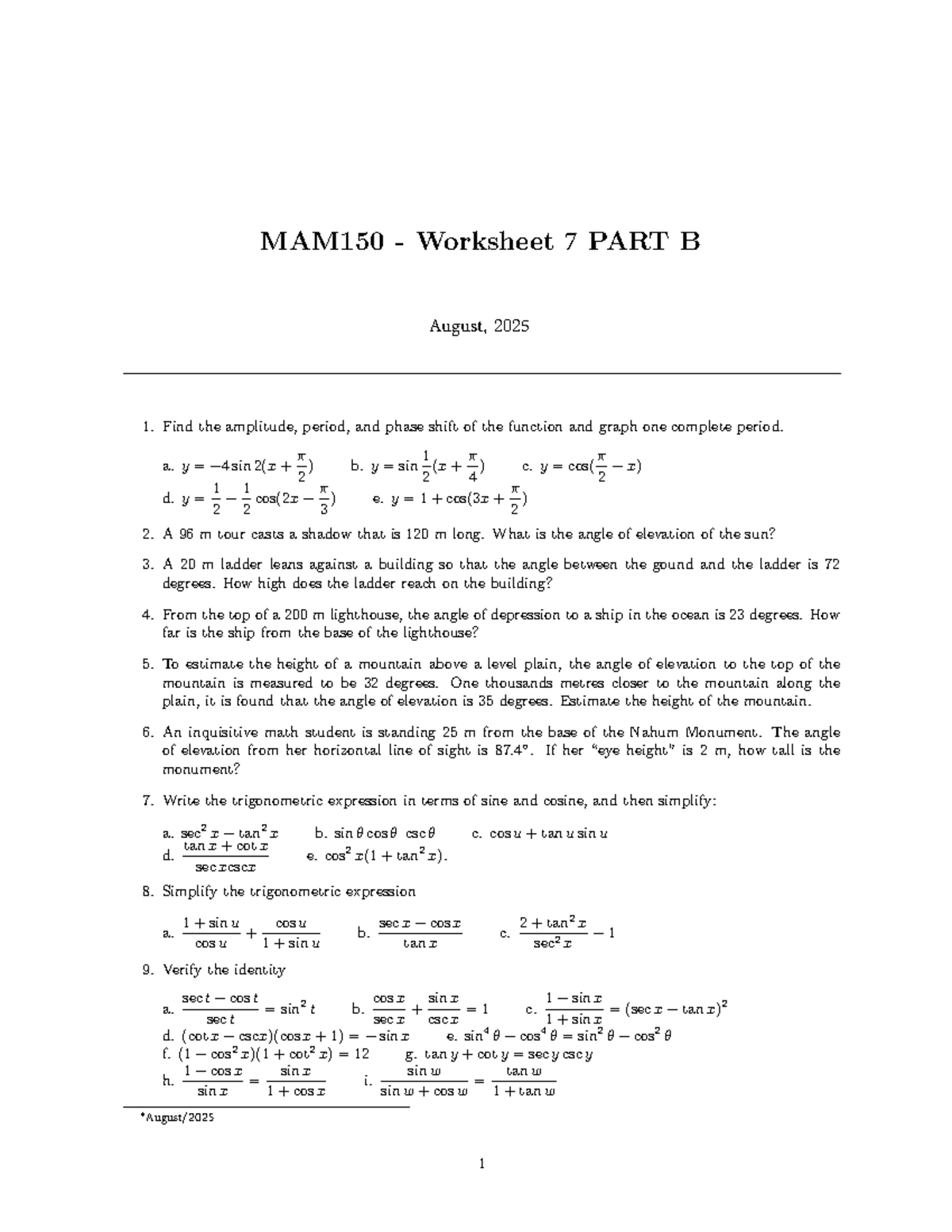 MAM150 Worksheet 7 Part B - Trigonometric Functions & Applications ...