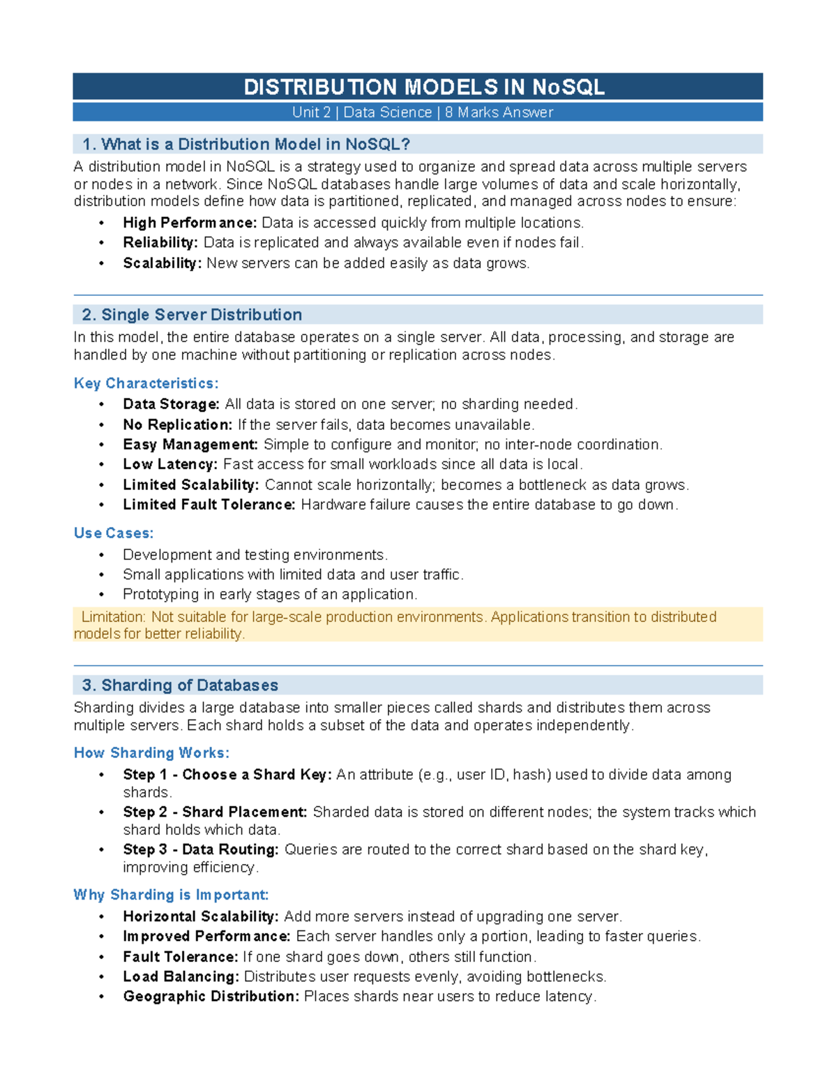 NoSQL Distribution Models: Unit 2 Data Science 8 Marks Guide - Studocu