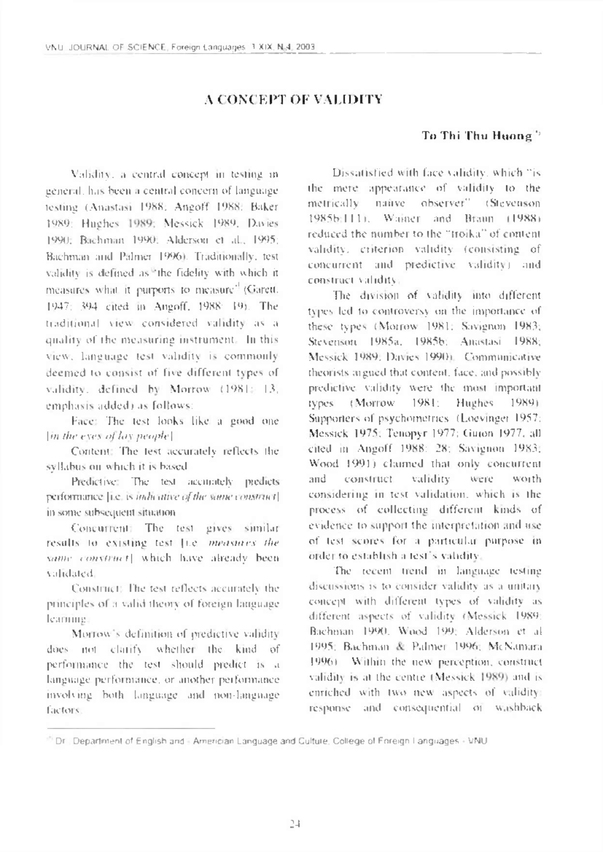 A Concept of Validity in Language Testing: VNU Journal of Science, T ...