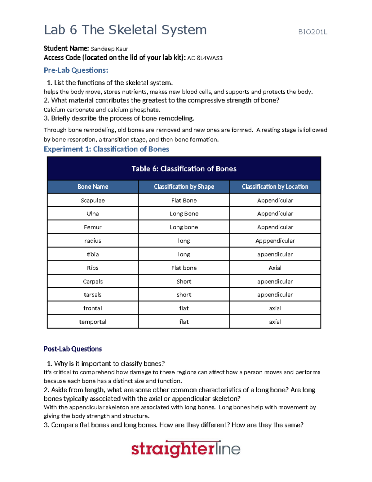 Lab 6: The Skeletal System Overview and Analysis - BIO201L - Studocu
