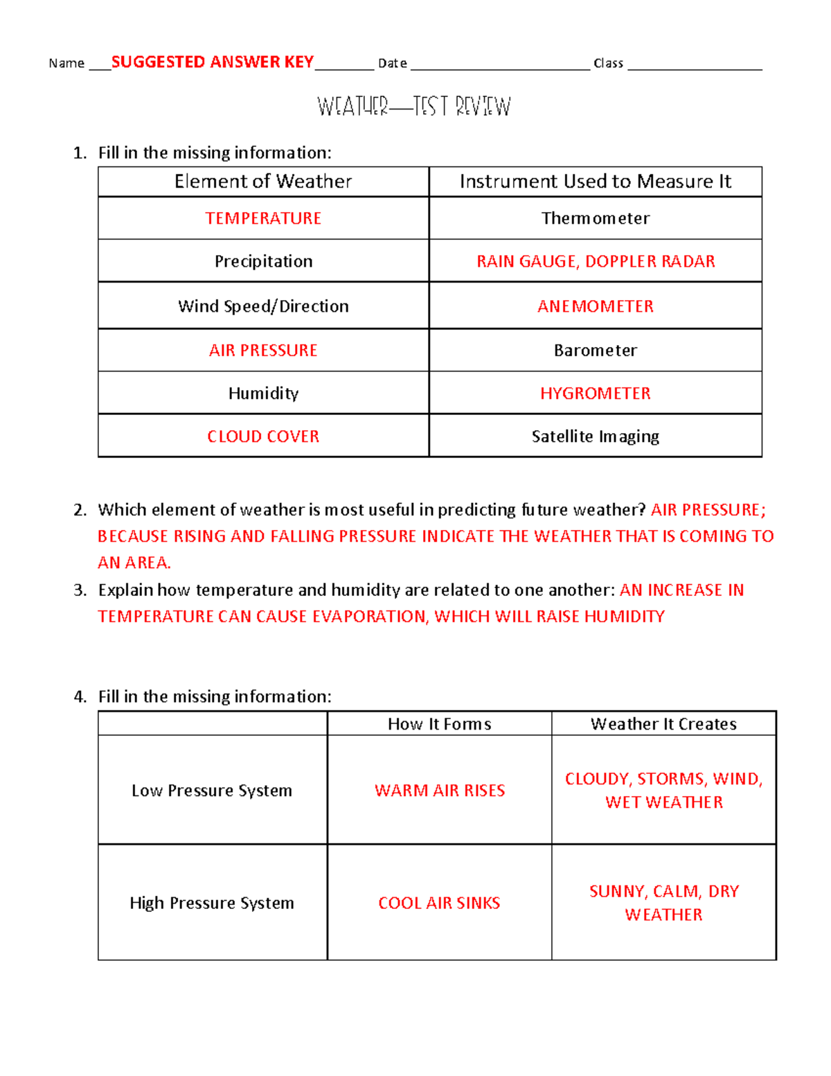 Weather Test Review Answers - Suggested Answer Key - Studocu