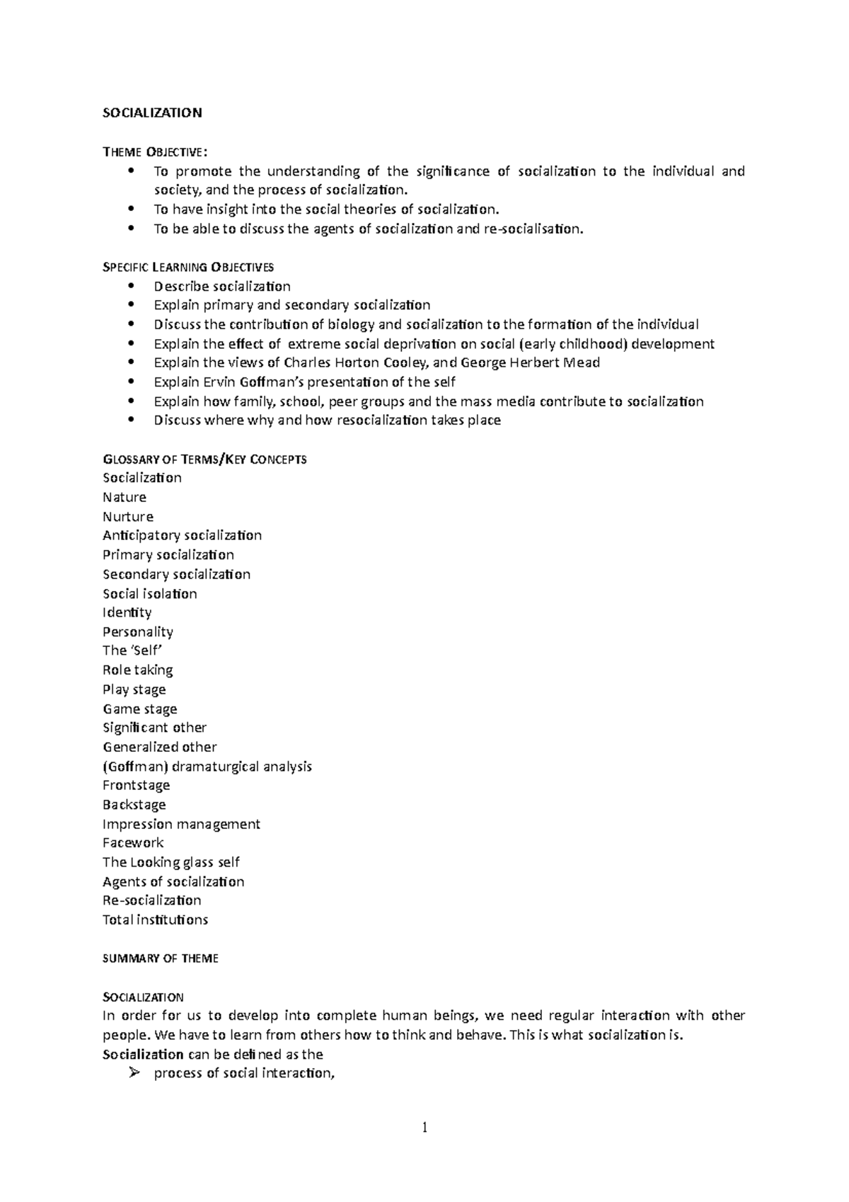 SOC 101: Socialization Theme Summary and Study Notes - 2022 - Studocu