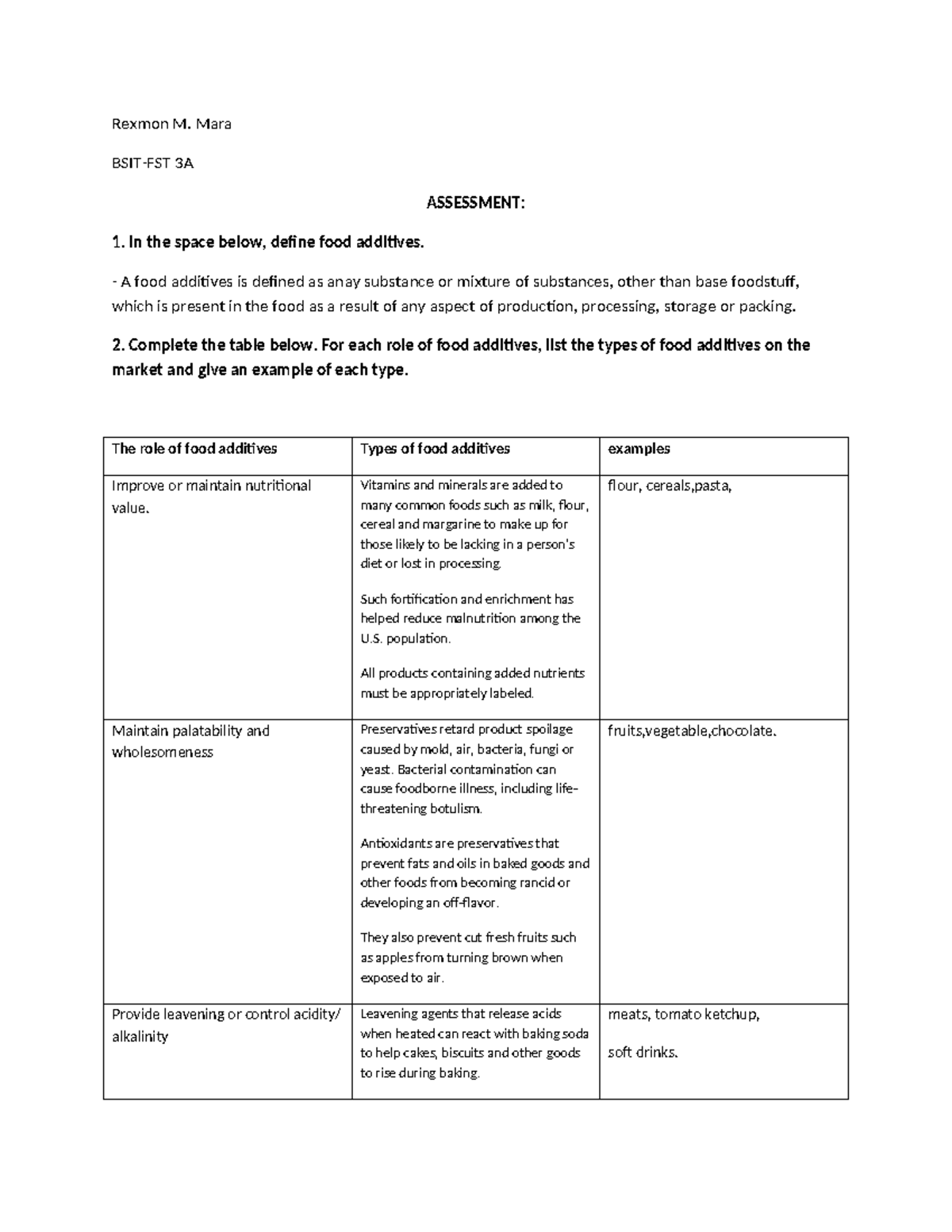 Assessment 2-FST 3A: Understanding Food Additives and Their Roles - Studocu