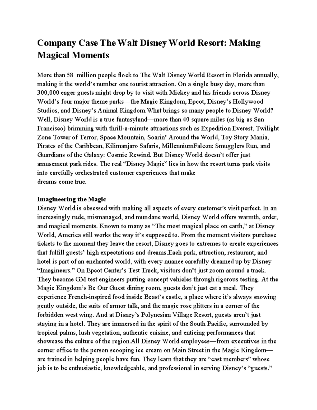 Company Case Study: The Walt Disney World Resort Experience - Studocu