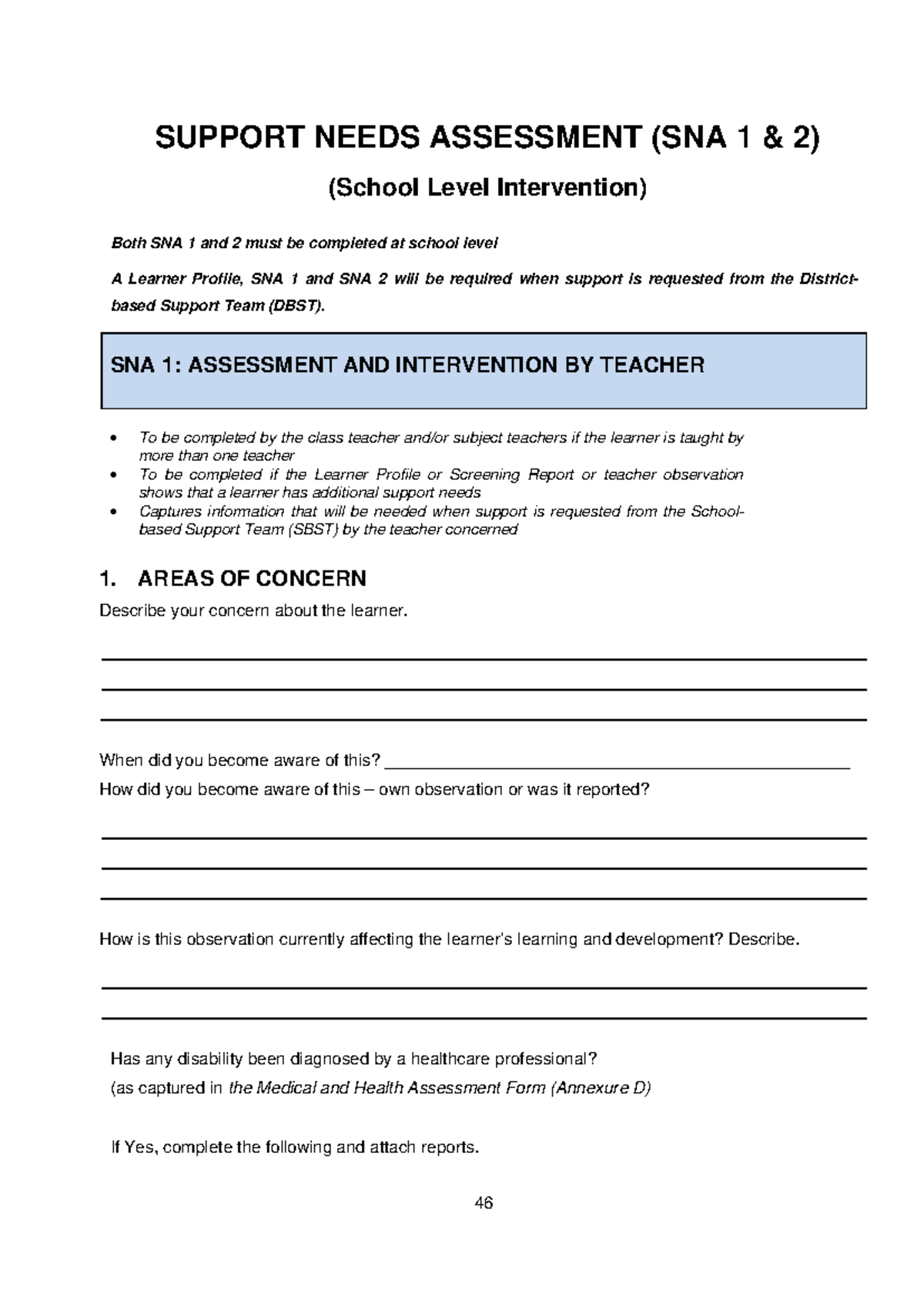 SNA 1 & 2 Form: Support Needs Assessment for Special Needs - Studocu