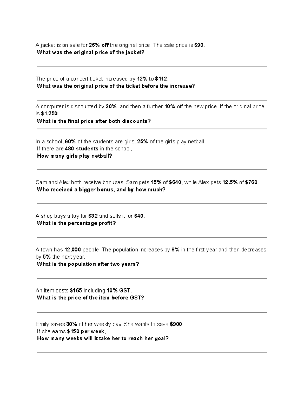 Percentage Questions - HJL - Studocu
