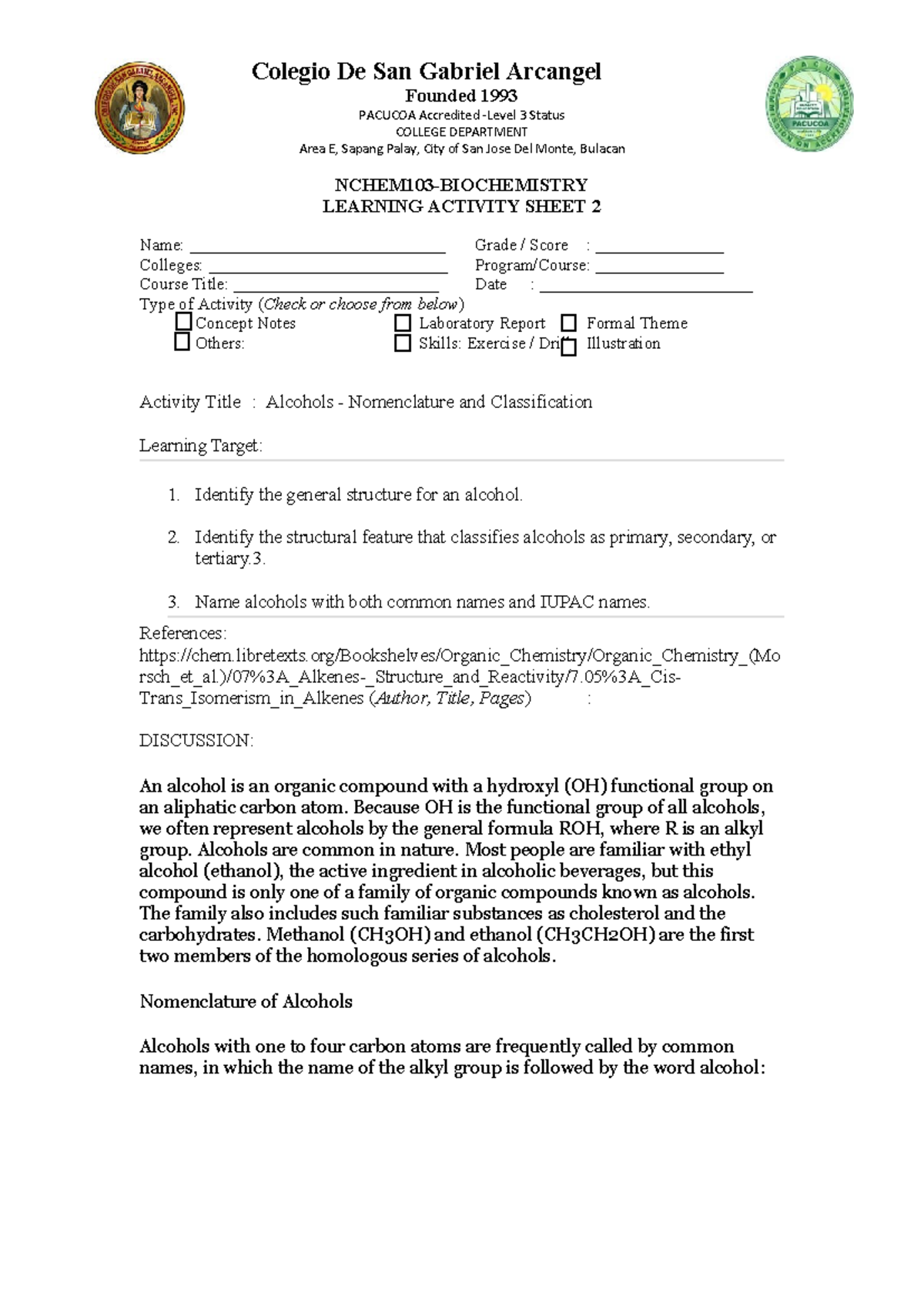 LAS 2 Biochem: Alcohols Nomenclature & Classification Guide - Studocu