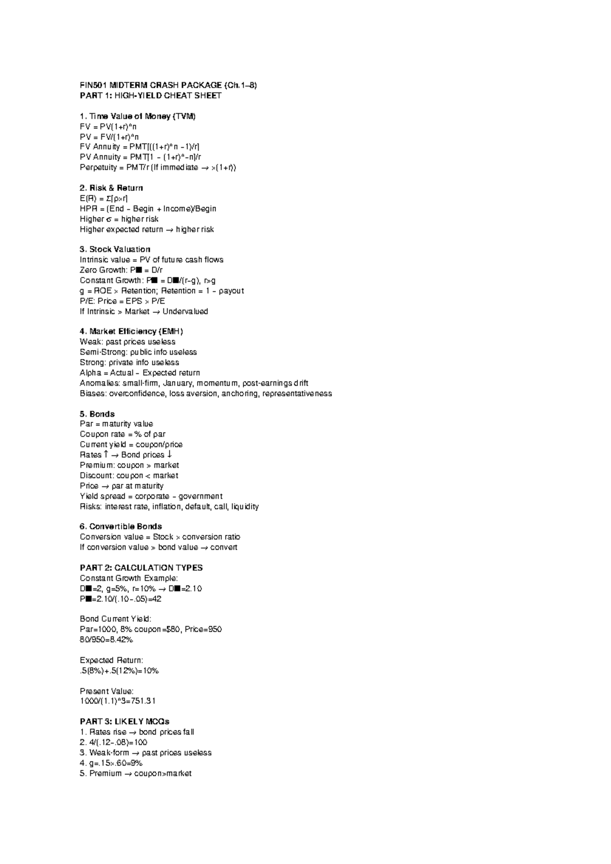 FIN501 MIDTERM CRASH PACKAGE PART 1: CHEAT SHEET & MCQs - Studocu